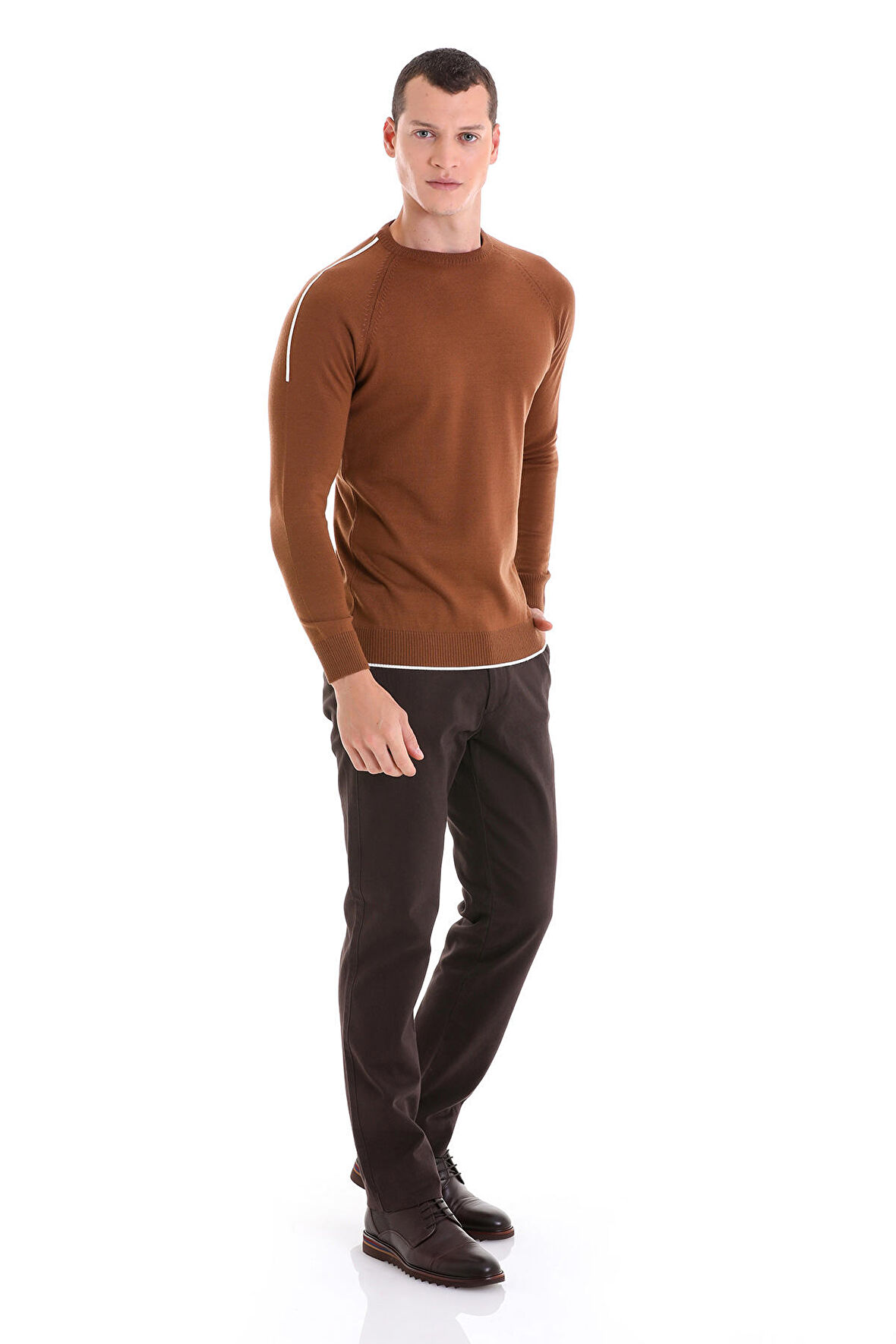 Tütün Regular Fit Jakarlı Bisiklet Yaka  Yünlü Triko Kazak | XL