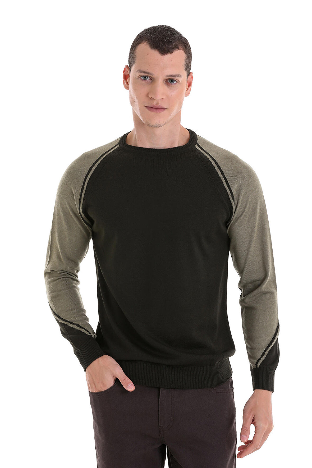 Haki Regular Fit Bisiklet Yaka Jakarlı Yünlü Triko Kazak | S