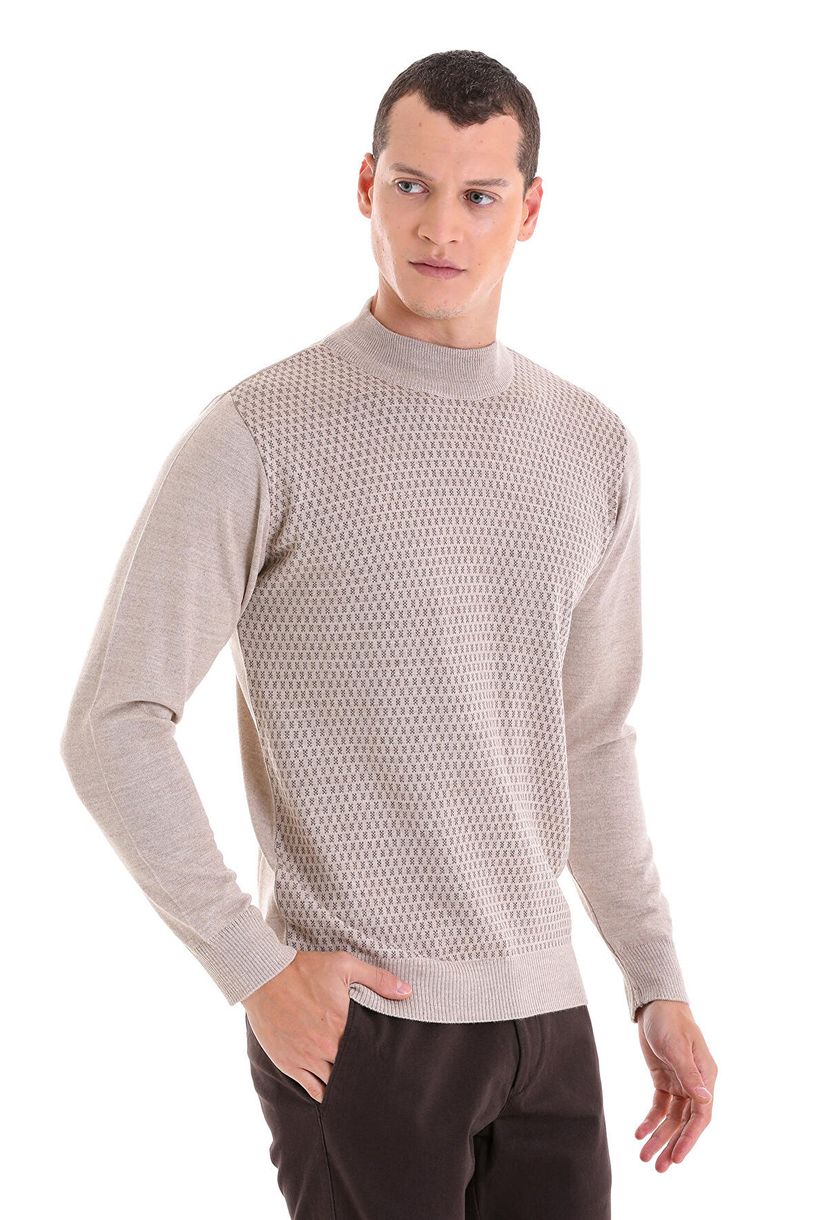 Bej Regular Fit Yarım Balıkçı Yaka Jakarlı Yünlü Triko Kazak | XL
