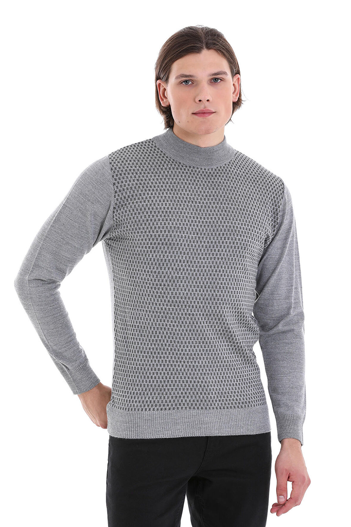 Gri Regular Fit Jakarlı Yarım Balıkçı Yaka Yünlü Triko Kazak | S