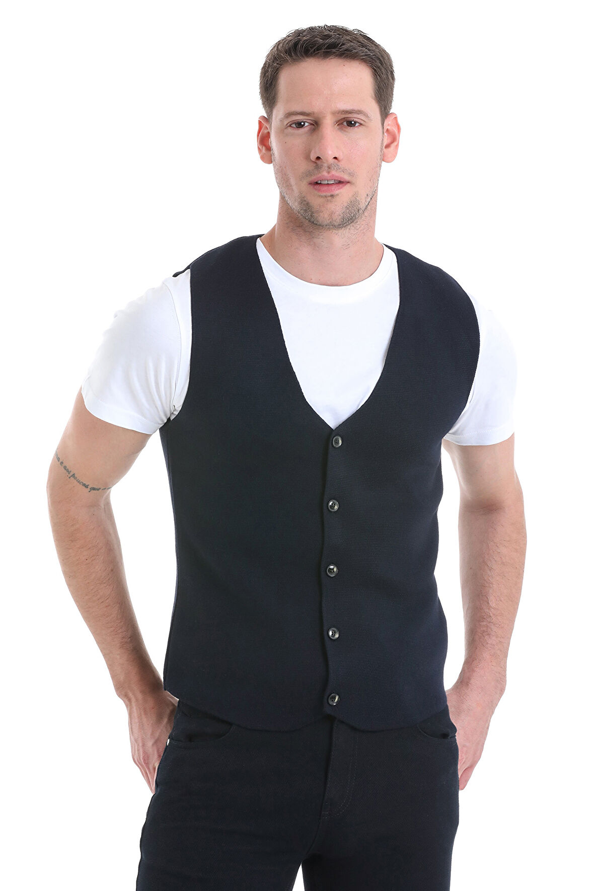 Lacivert Regular Fit Düz V Yaka Triko Yelek | M