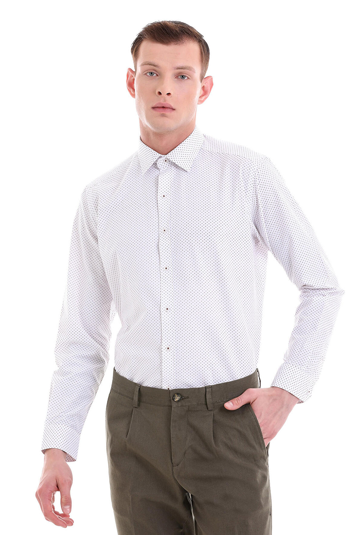 Bordo Slim Fit Baskılı Pamuklu Slim Yaka Uzun Kollu  Klasik Gömlek | M