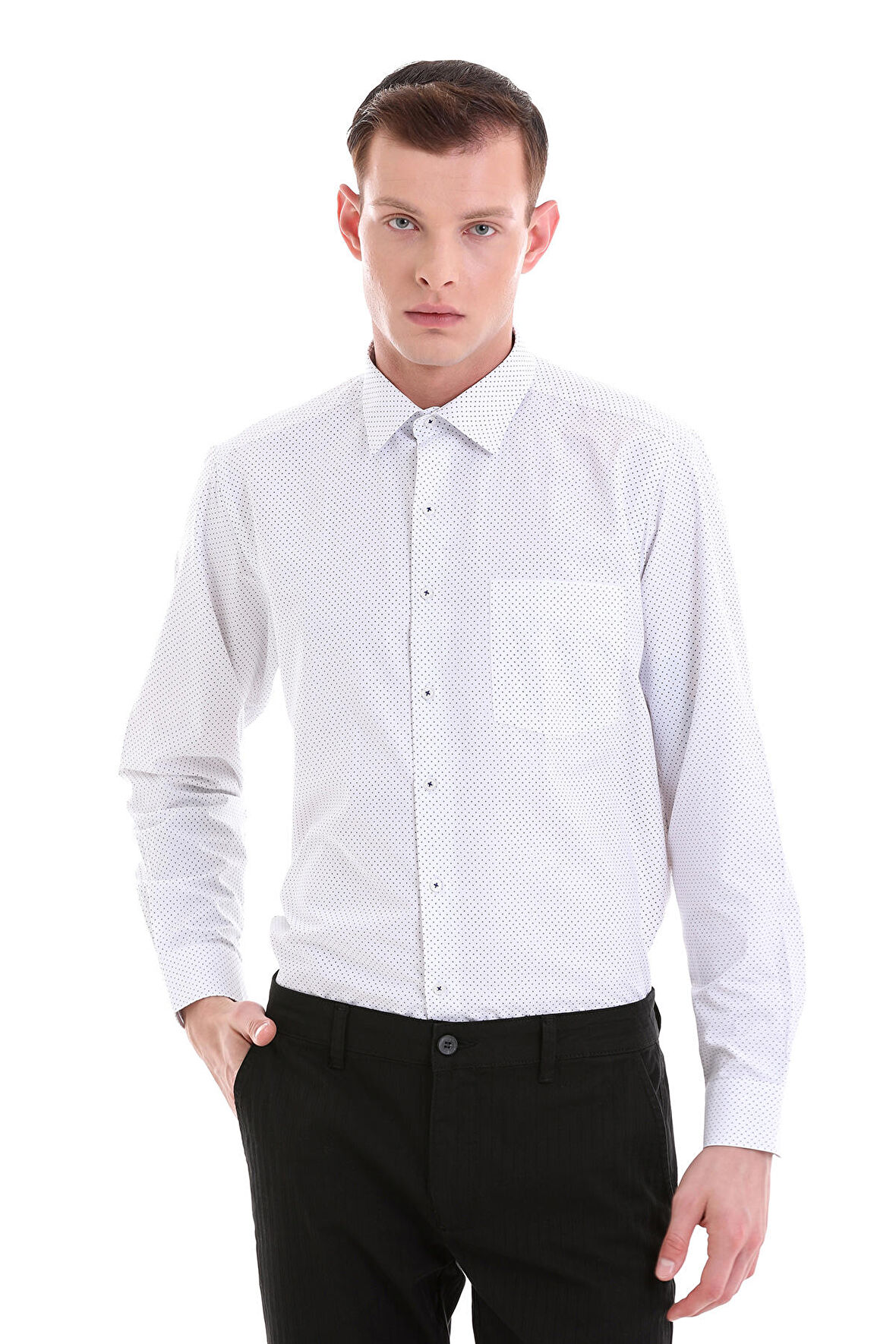 Lacivert Klasik Fit Baskılı Pamuklu Slim Yaka Uzun Kollu Klasik Gömlek | L