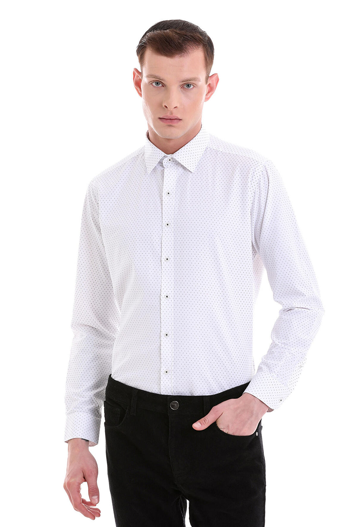 Siyah Slim Fit Baskılı Pamuklu Slim Yaka Uzun Kollu Klasik Gömlek | S