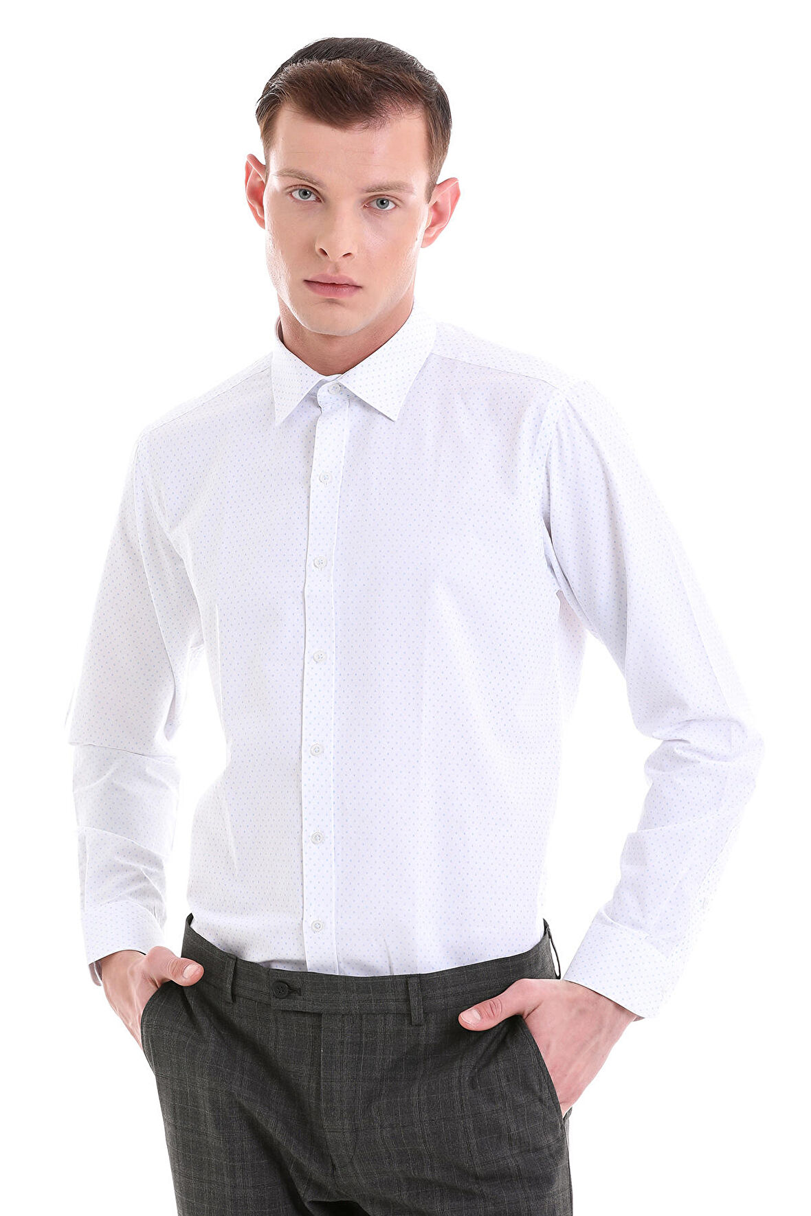 Mavi Slim Fit Baskılı Pamuklu Slim Yaka Uzun Kollu Klasik Gömlek | S