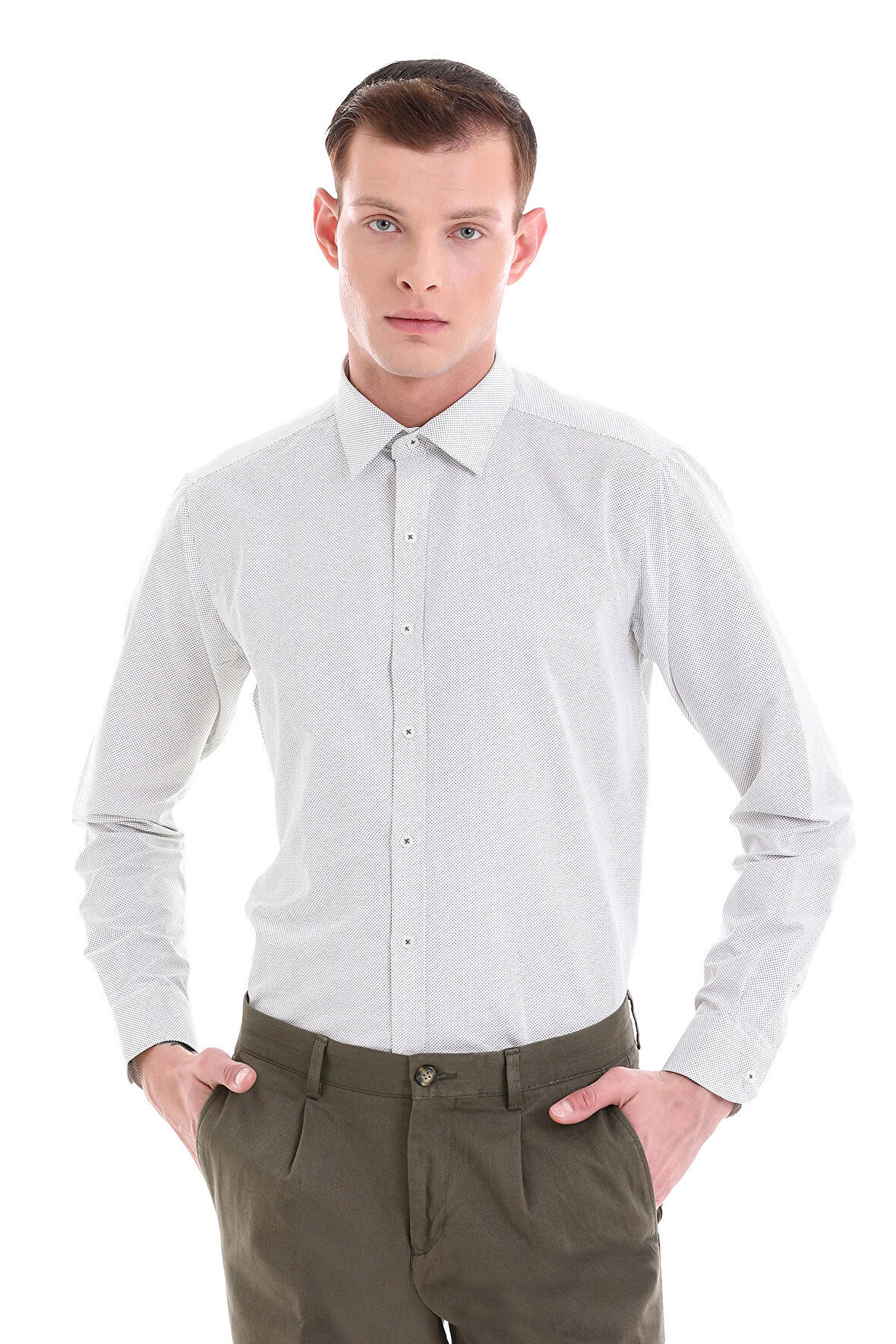 Yeşil Slim Fit Baskılı Pamuklu Slim Yaka Uzun Kollu  Klasik Gömlek | M