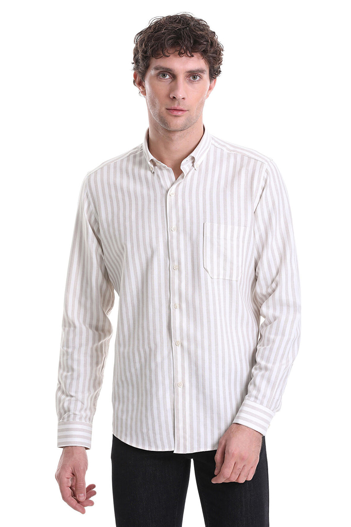 Bej Slim Fit Çizgili Dik Yaka Pamuklu Uzun Kollu Casual Gömlek | S