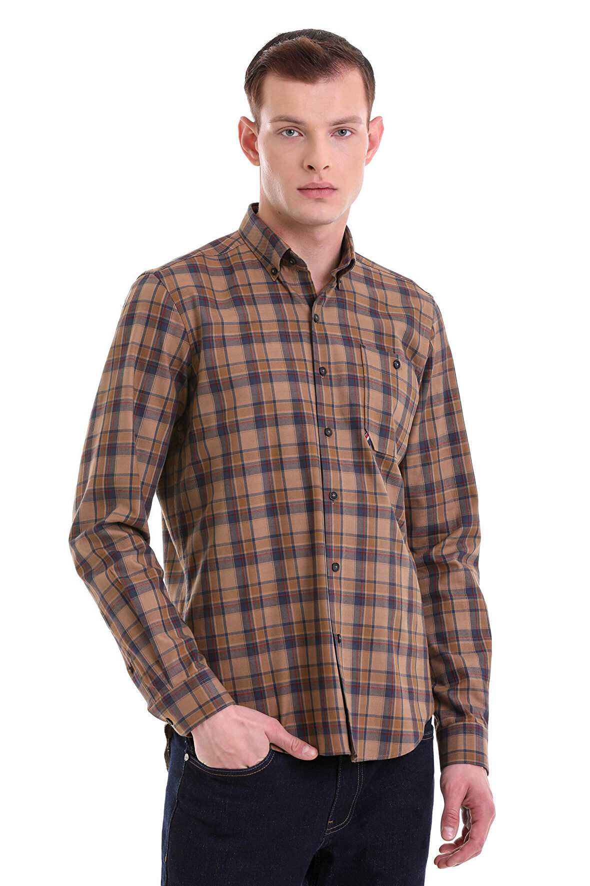 Kahverengi Comfort Fit Kareli 100% Pamuklu Düğmeli Yaka Uzun Kollu Klasik Gömlek | XS