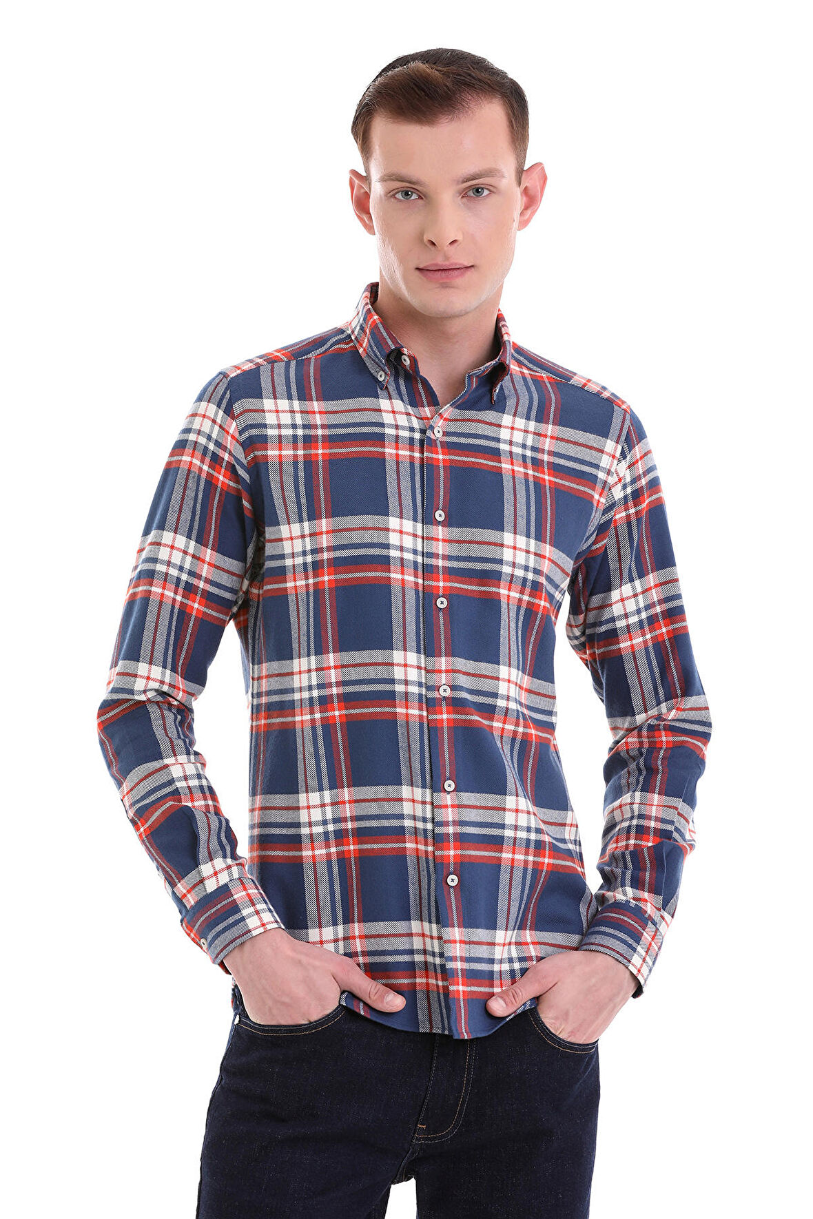 Lacivert Slim Fit Kareli 100% Pamuklu Düğmeli Yaka Uzun Kollu Klasik Gömlek | M