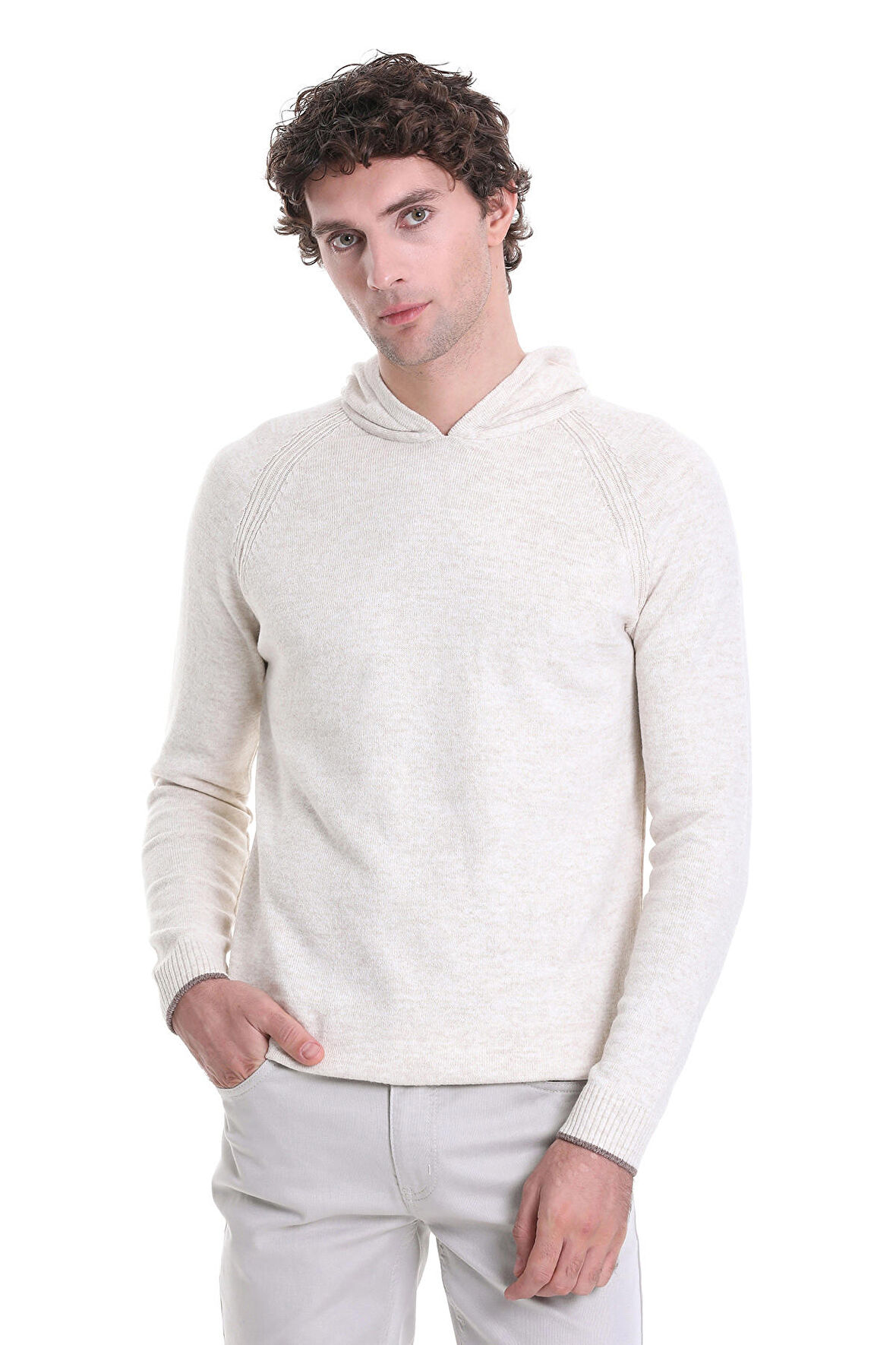 Ekru Regular Fit Jakarlı Kapüşonlu Triko Kazak | XL