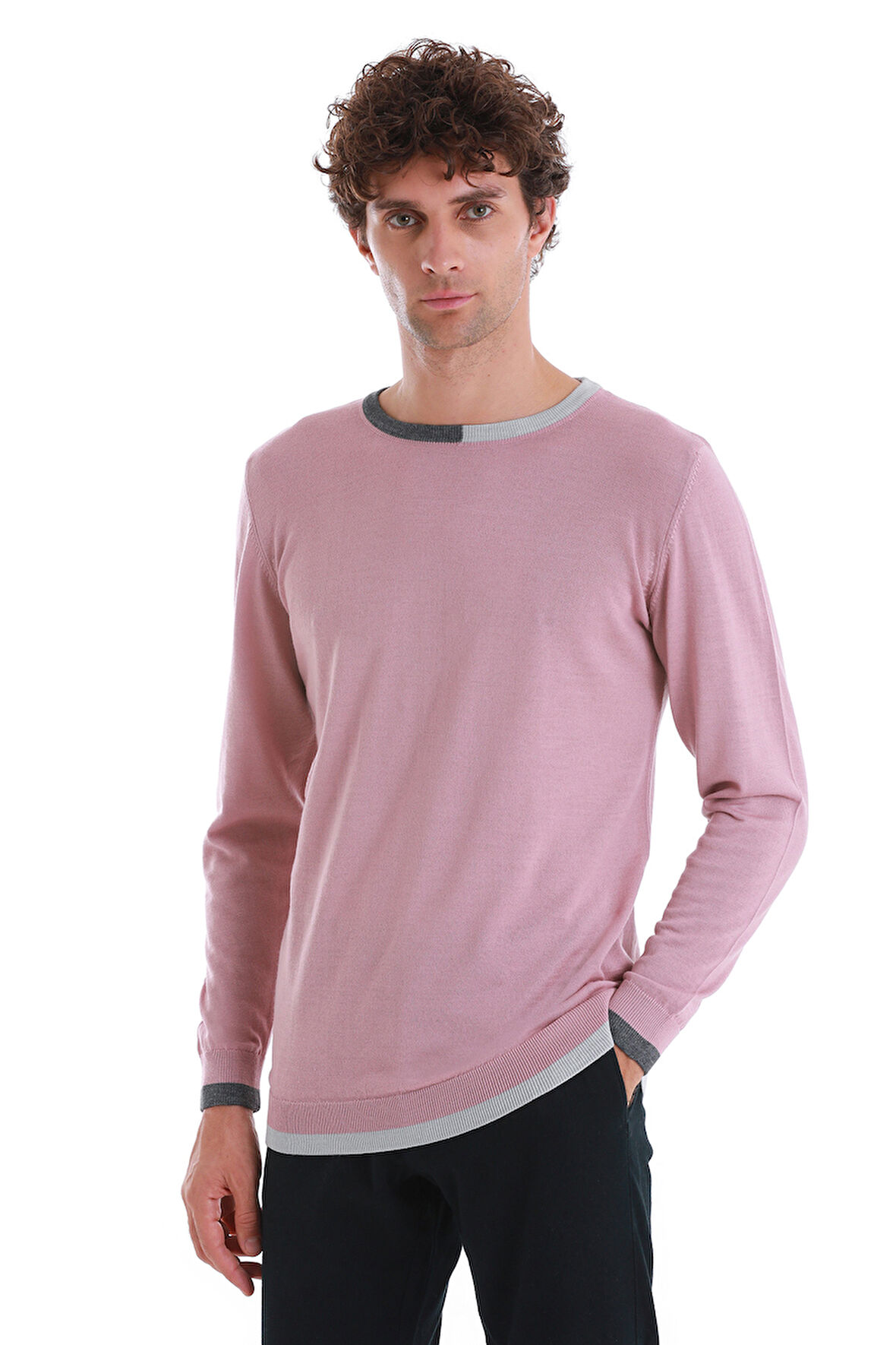 Pembe Regular Fit Düz Bisiklet Yaka Yünlü Triko Kazak | XL