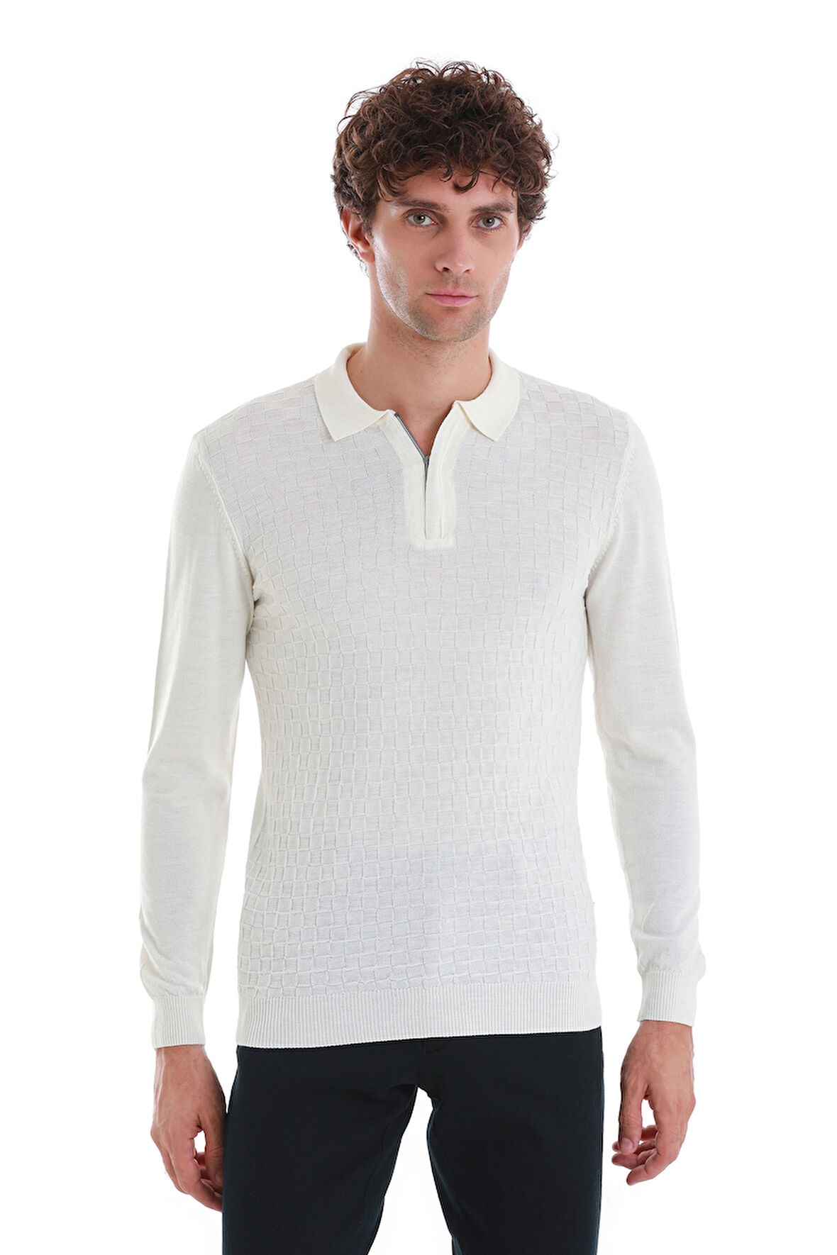 Ekru Regular Fit Jakarlı Polo Yaka Yünlü Triko Kazak | XL