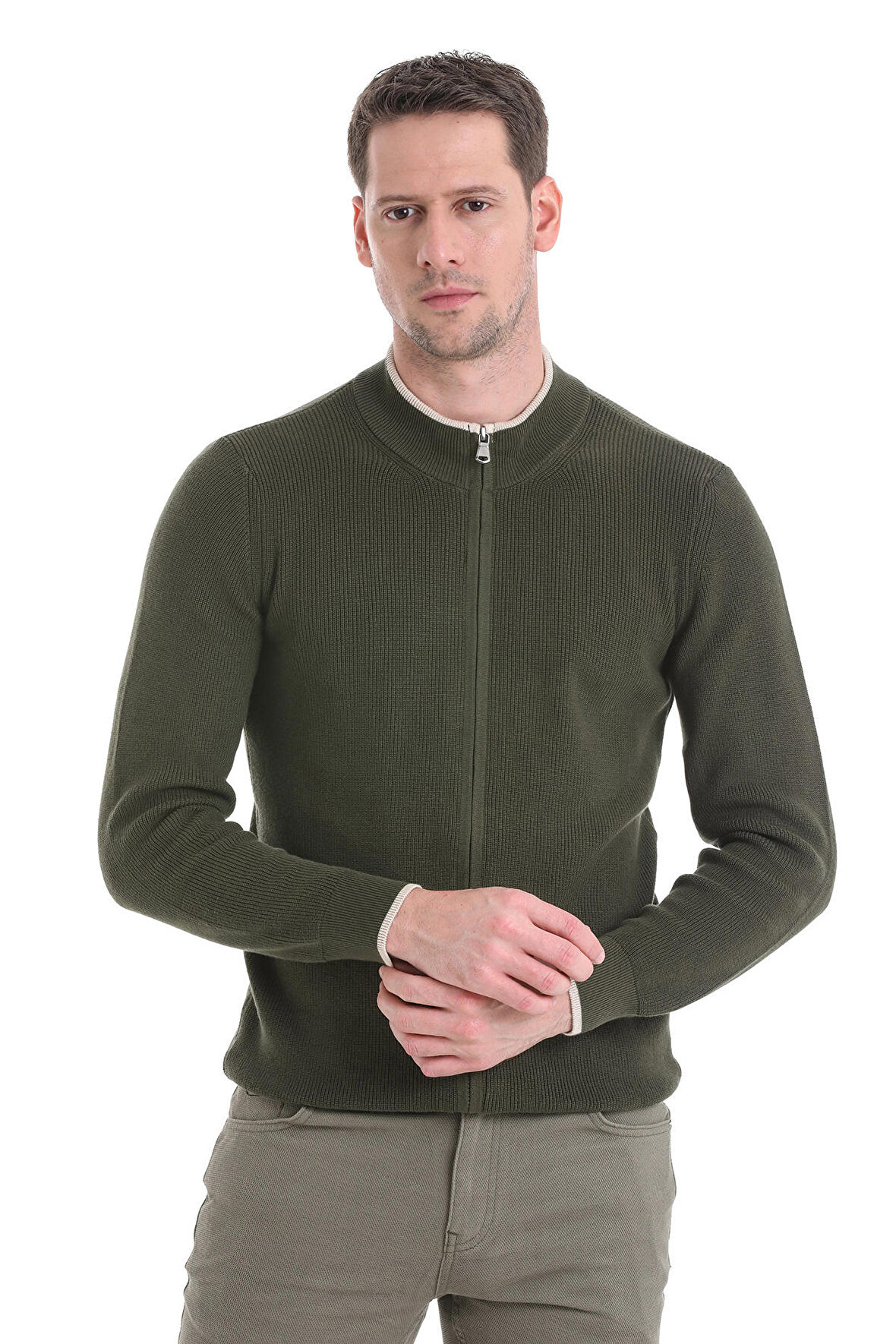 Haki Regular Fit Düz Yarım Balıkçı Yaka Fermuarlı Triko Hırka | 3XL