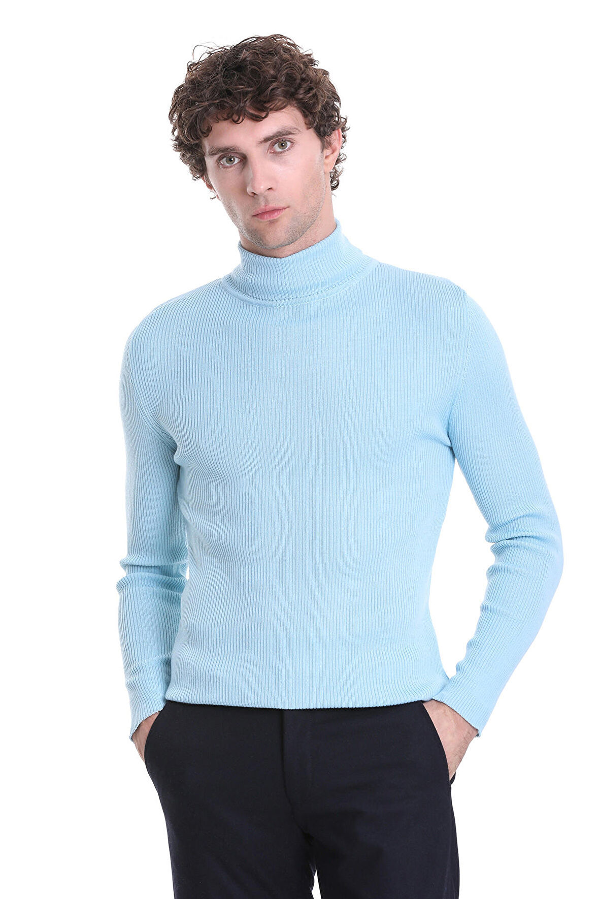 Mavi Slim Fit Fitilli Balıkçı Yaka Yünlü Triko Kazak | XXL