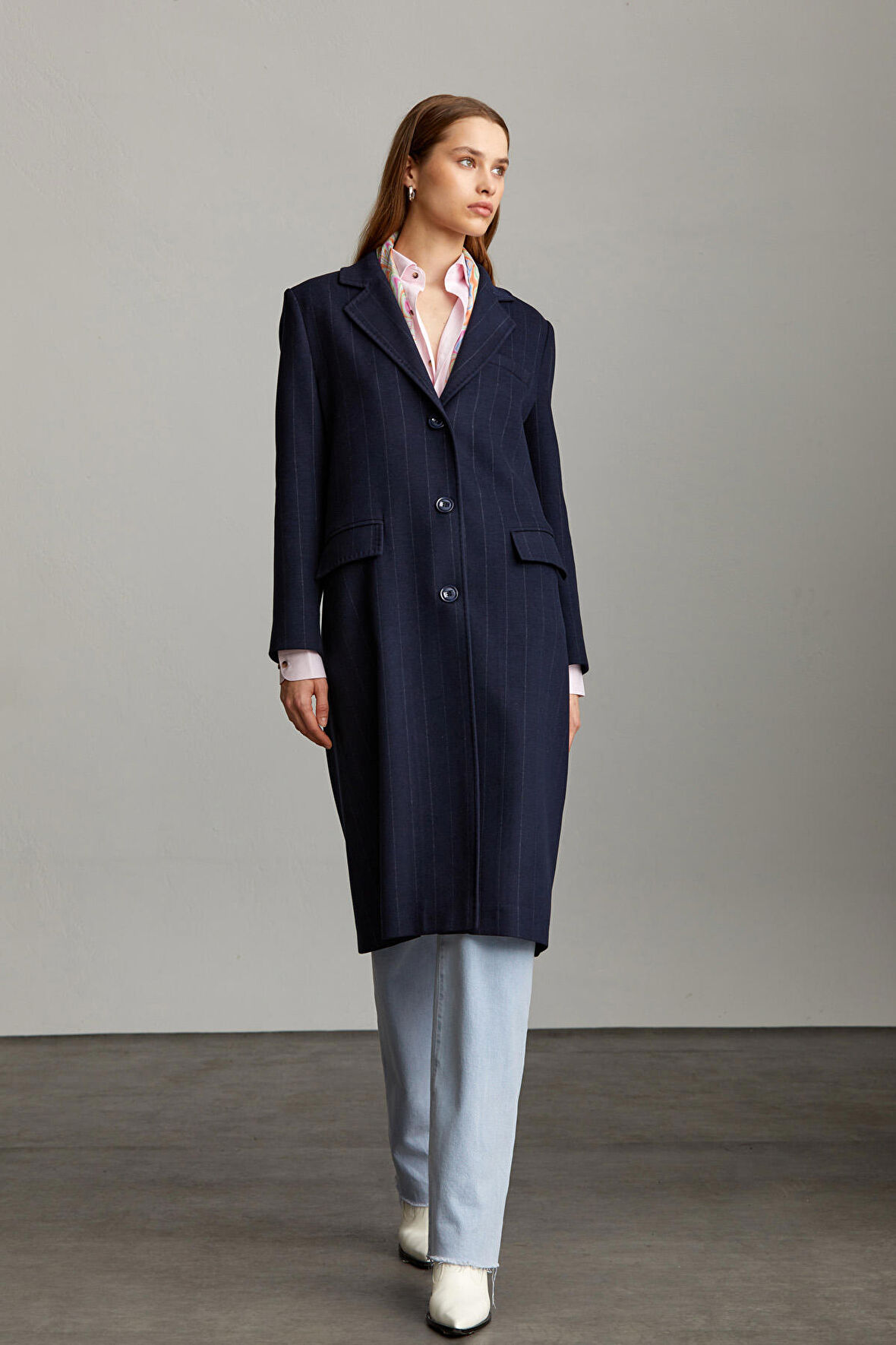 Saykı Woman Lacivert Slim Fit Çizgili Mono Yaka Basic Isabella Manto | 36/S