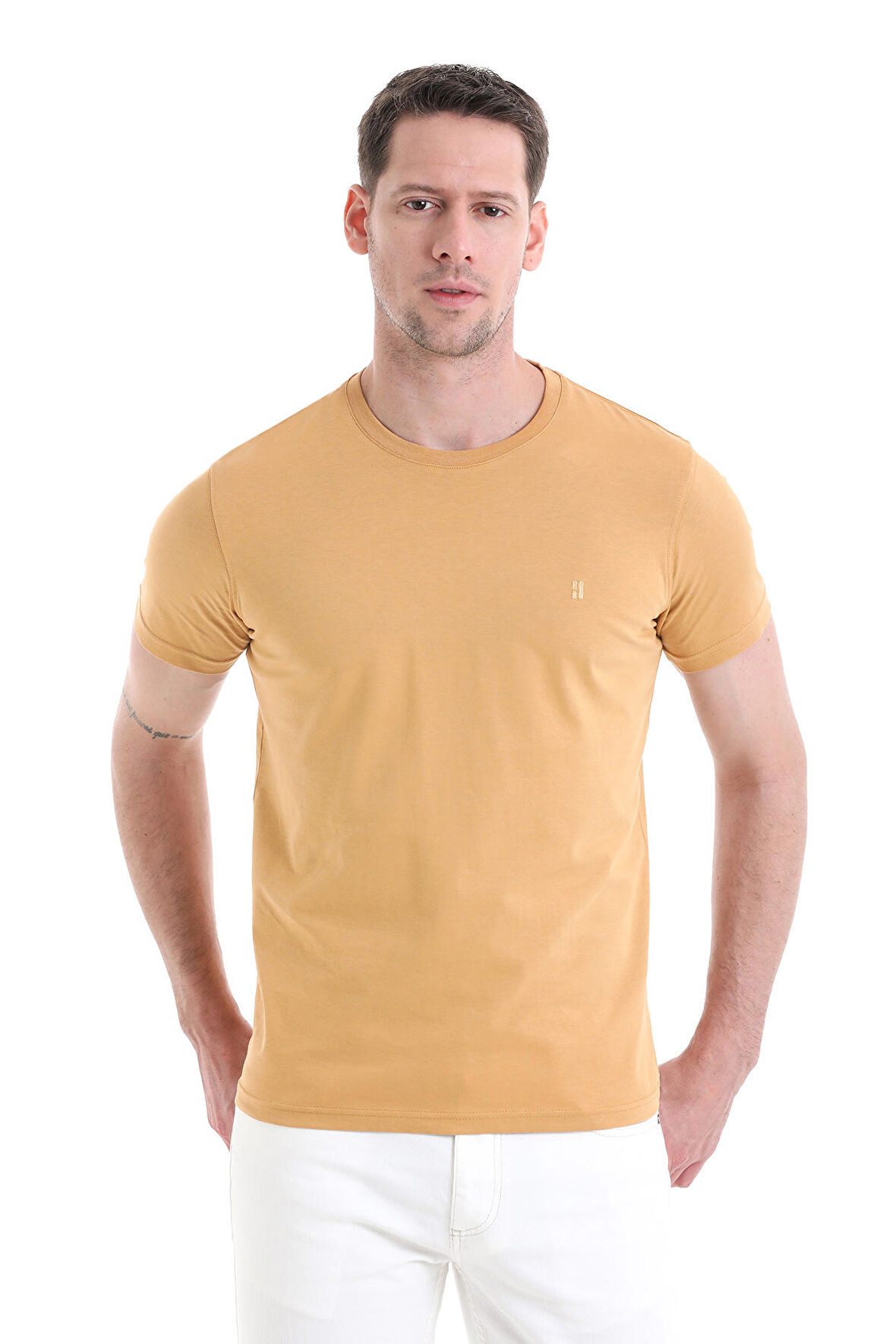 Hardal Regular Fit Düz 100% Pamuklu Bisiklet Yaka Tişört | XL