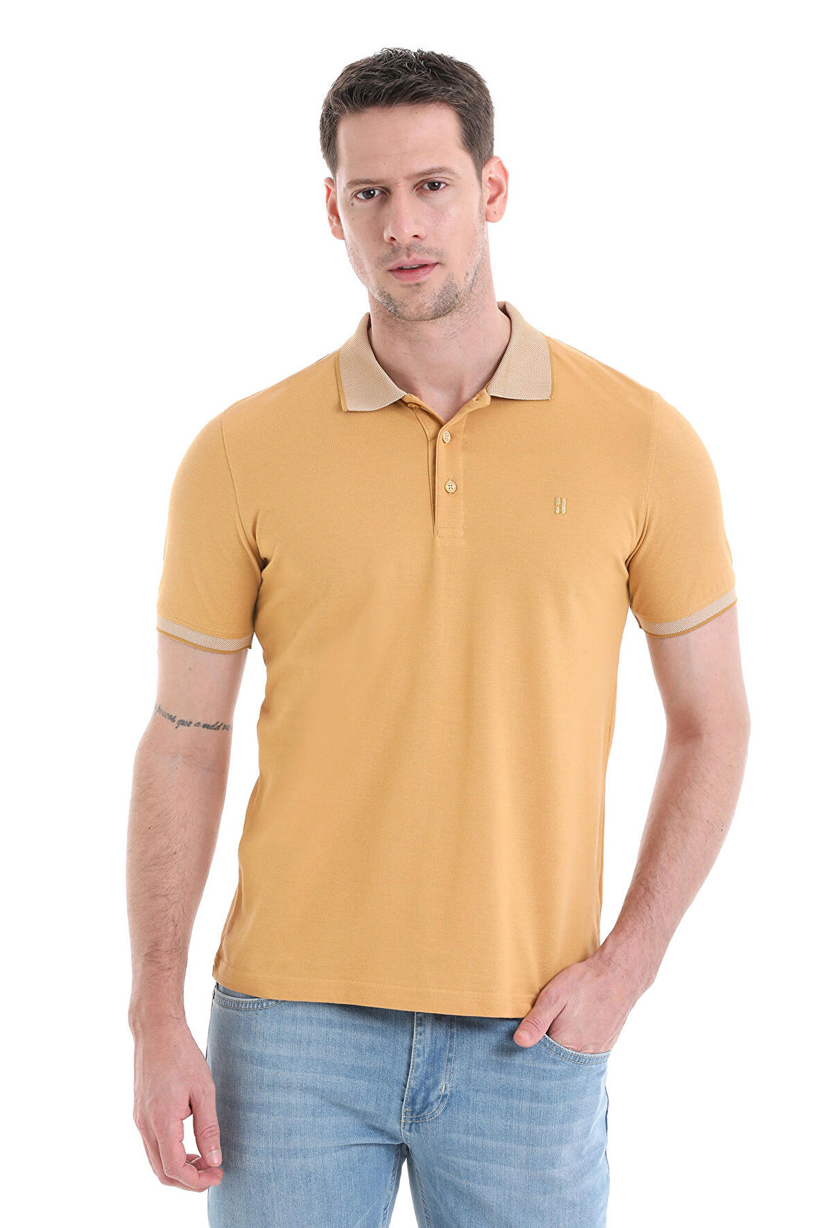 Hardal Regular Fit Düz 100% Pamuklu Polo Yaka Tişört | L
