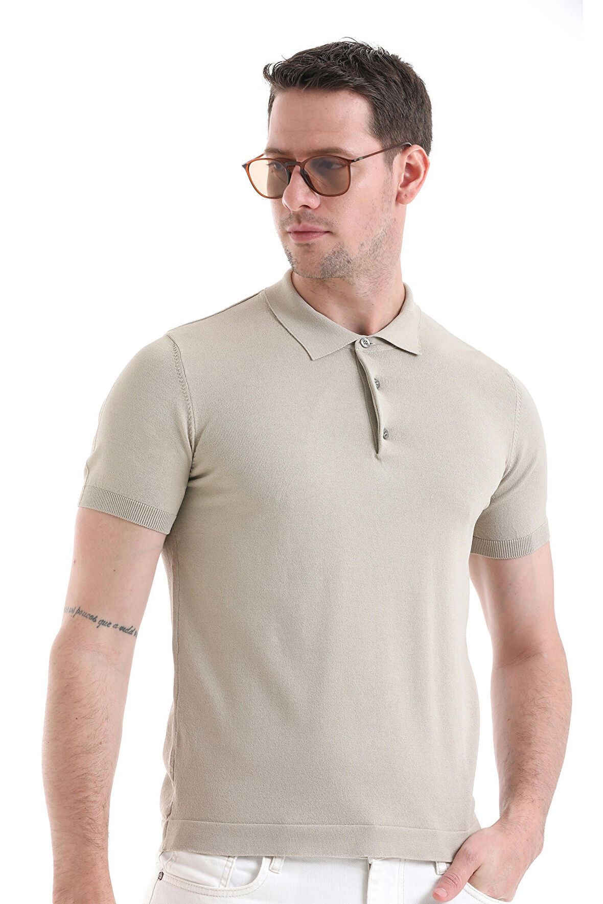 Bej Regular Fit Düz Rayon Polo Yaka Tişört | S