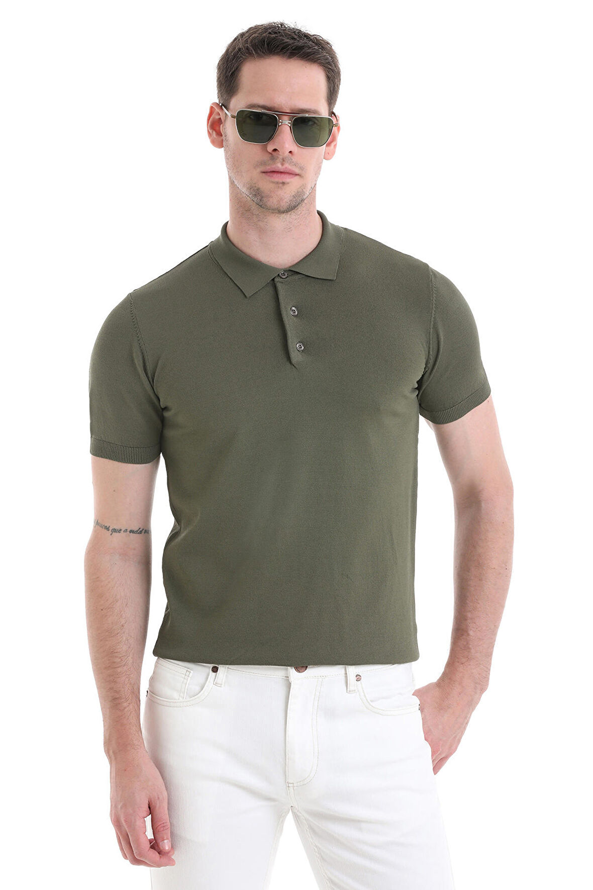Haki Regular Fit Düz Rayon Polo Yaka Tişört | S