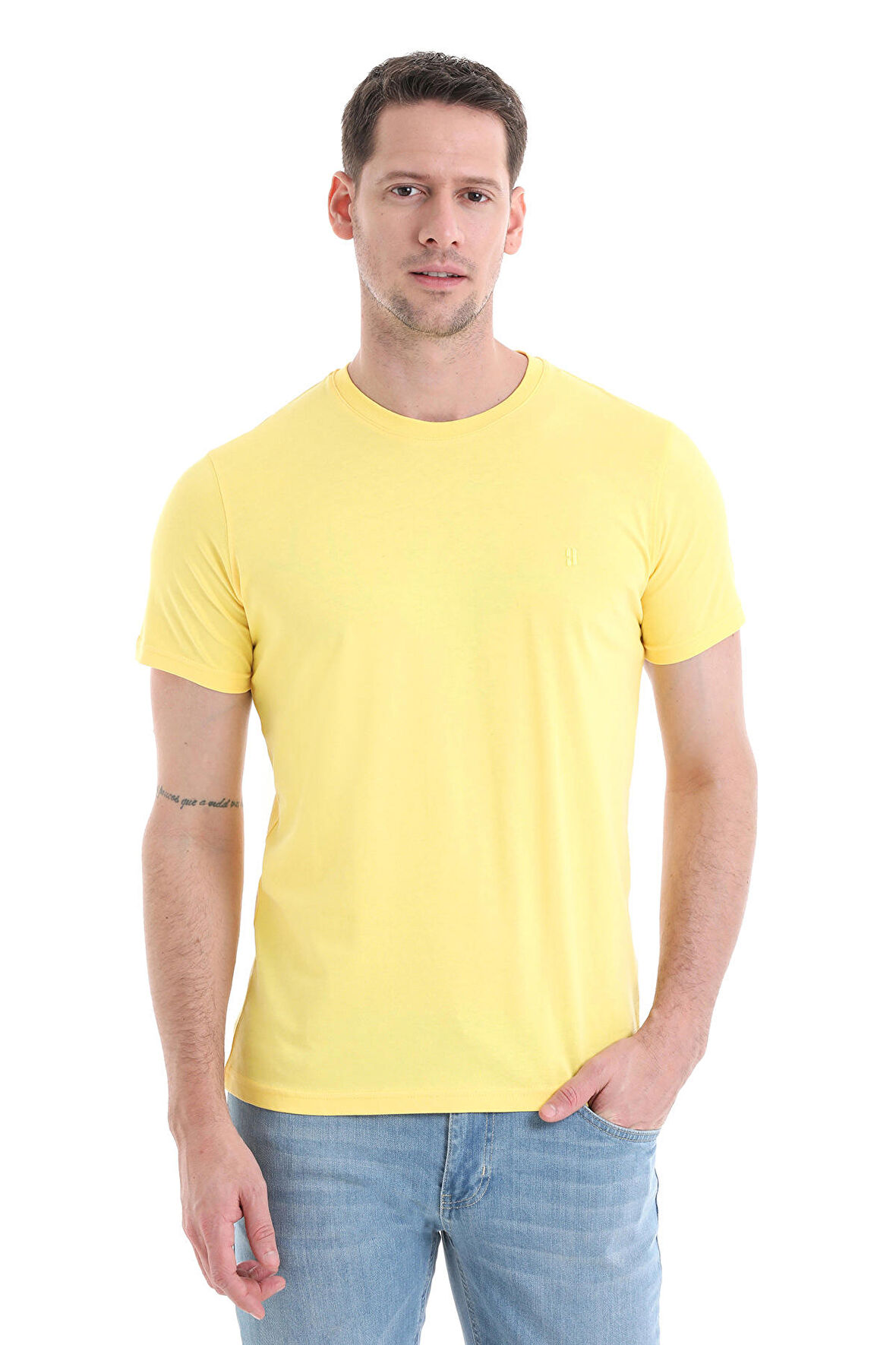 Sarı Regular Fit Düz 100% Pamuklu Bisiklet Yaka Tişört | XL