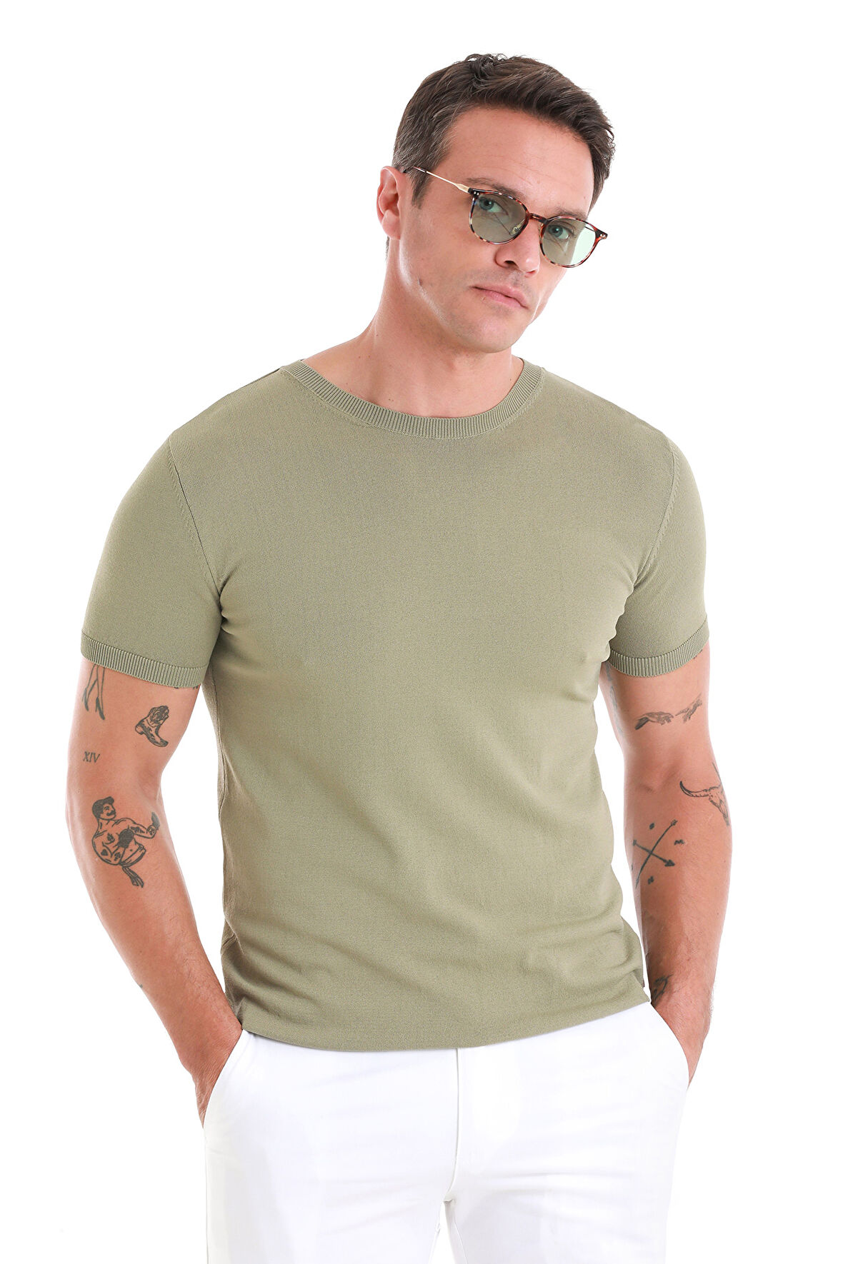 Yeşil Regular Fit Düz Bisiklet Yaka Rayon Triko Tişört | L