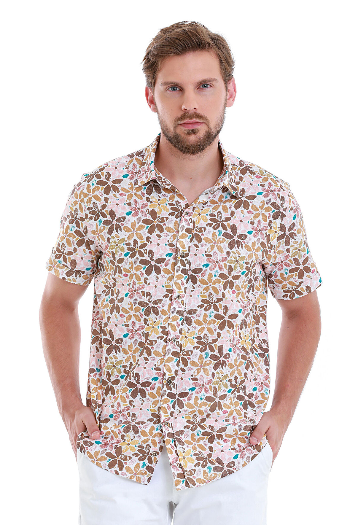 Kahverengi Comfort Fit Baskılı 100% Pamuk Slim Yaka Kısa Kollu Gömlek | XL