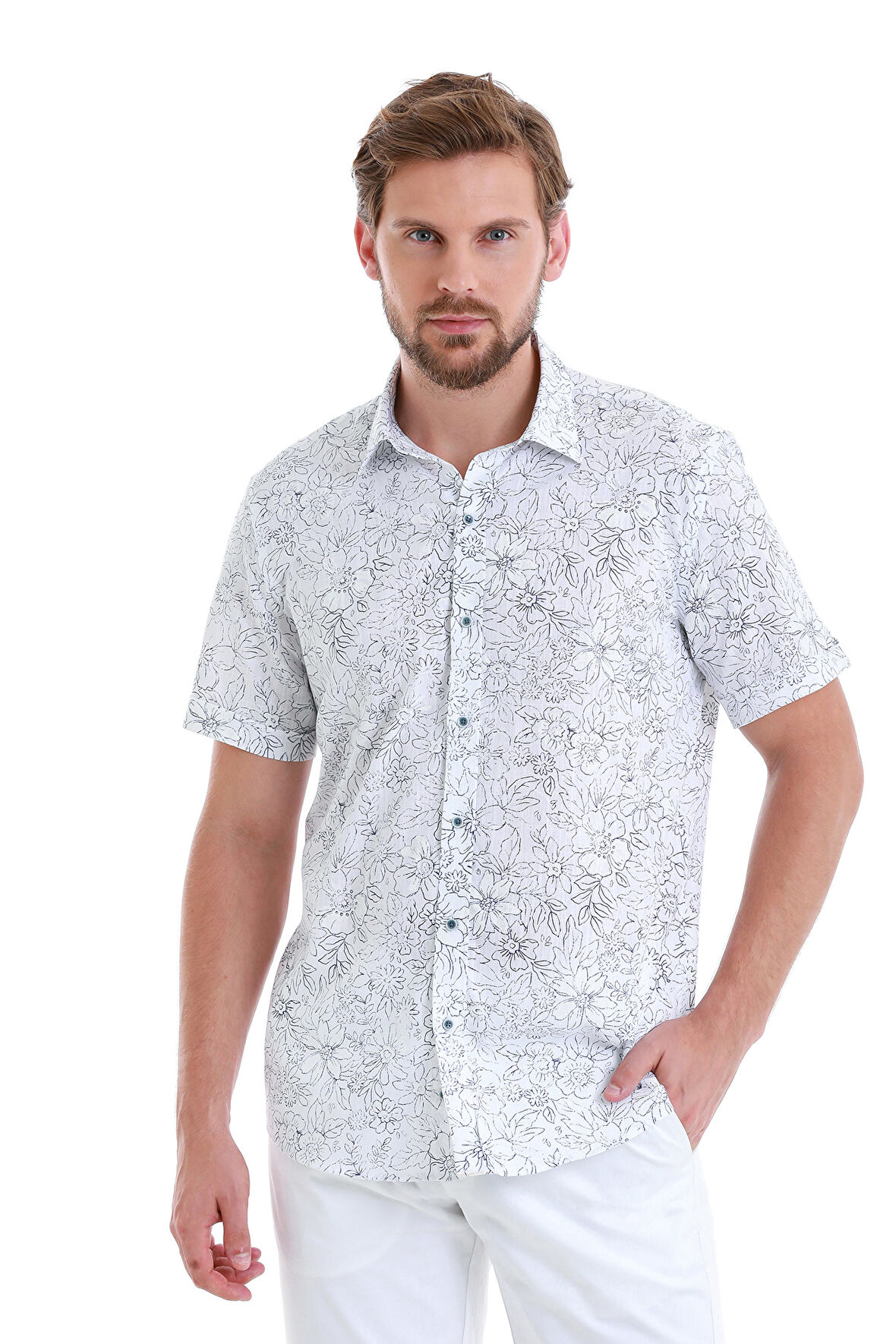 Lacivert Comfort Fit Baskılı 100% Pamuk Slim Yaka Kısa Kollu Gömlek | XXL