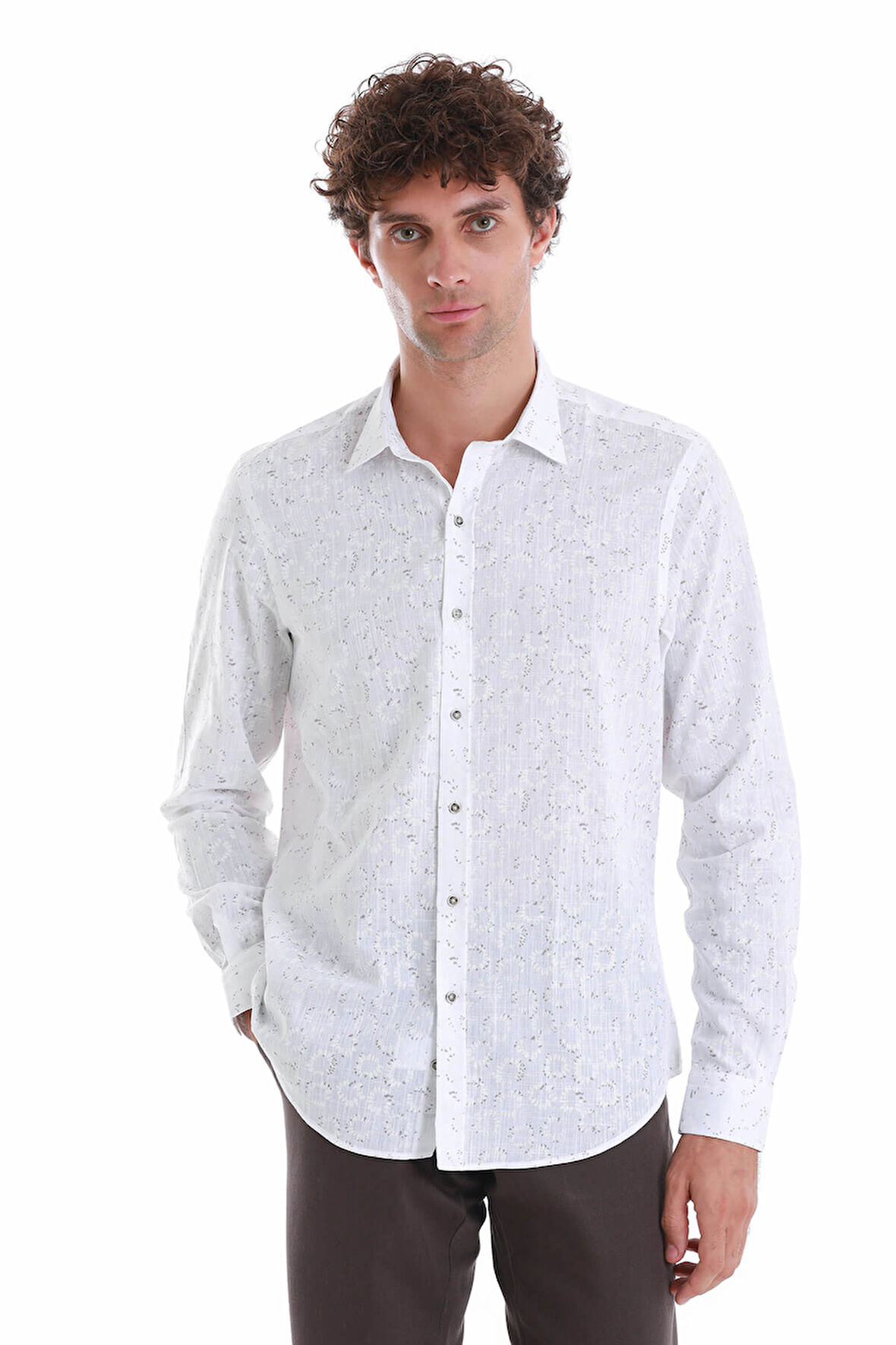 Beyaz  Comfort Fit Baskılı Slim Yaka Uzun Kollu Spor Gömlek | XS