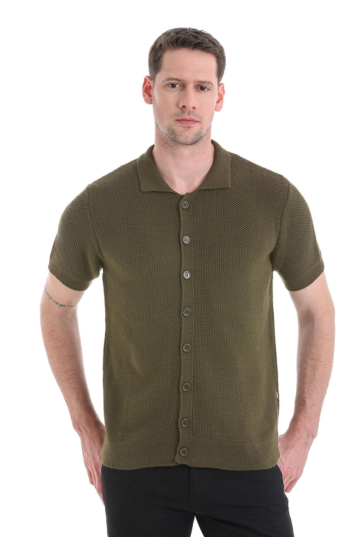 Haki Regular Fit Düz Düğmeli Kısa Kollu Triko Hırka | XL