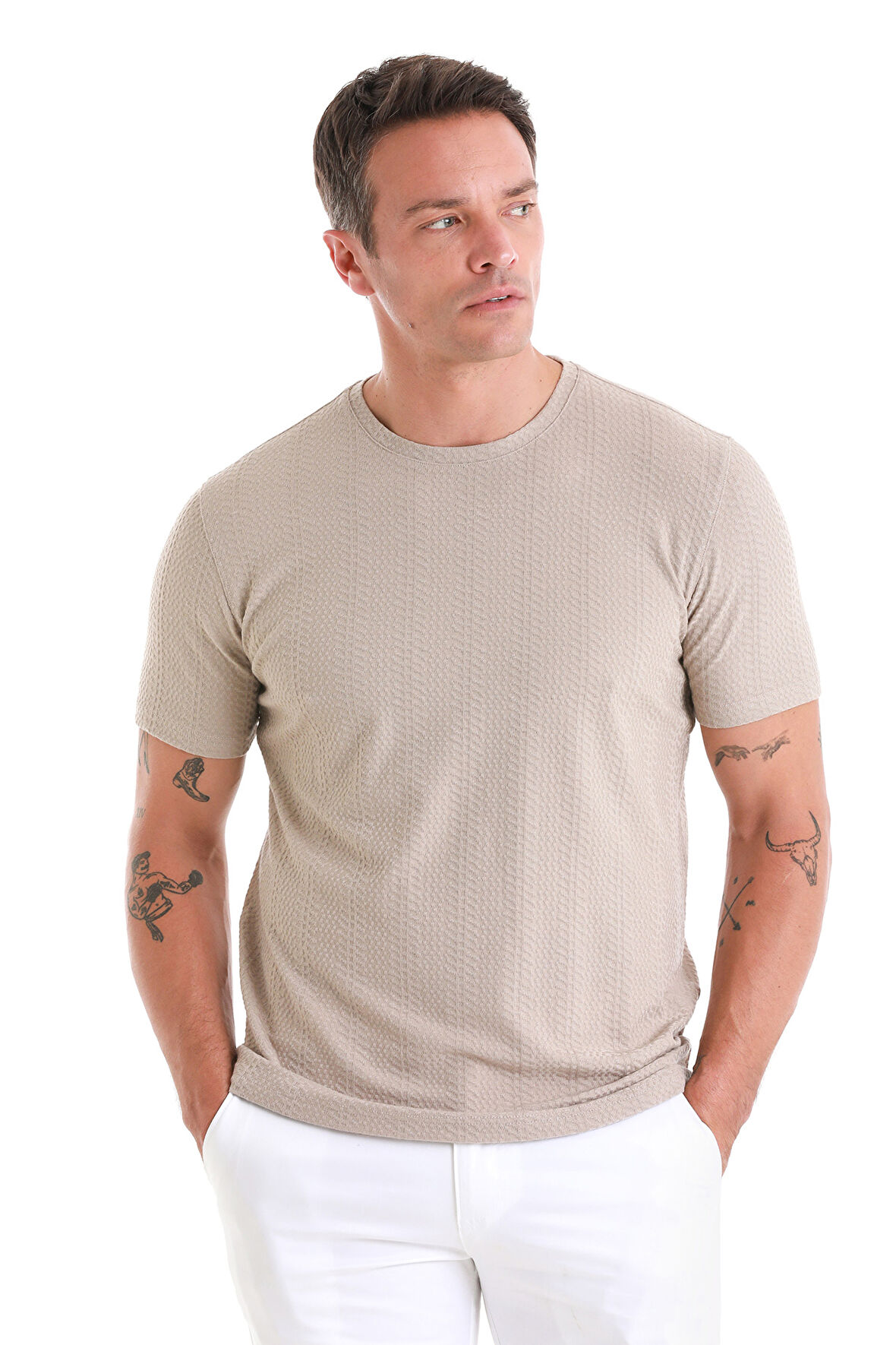 Bej Regular Fit Jakarlı Bisiklet Yaka Tişört | XL