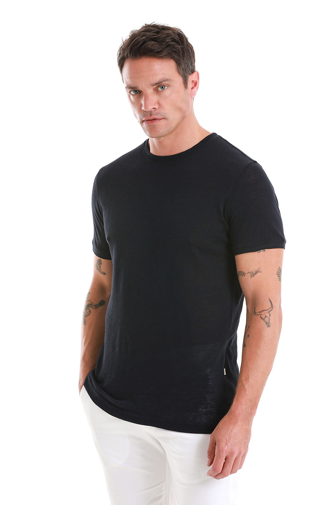 Lacivert Regular Fit Düz Bisiklet Yaka Pamuklu Tişört | L