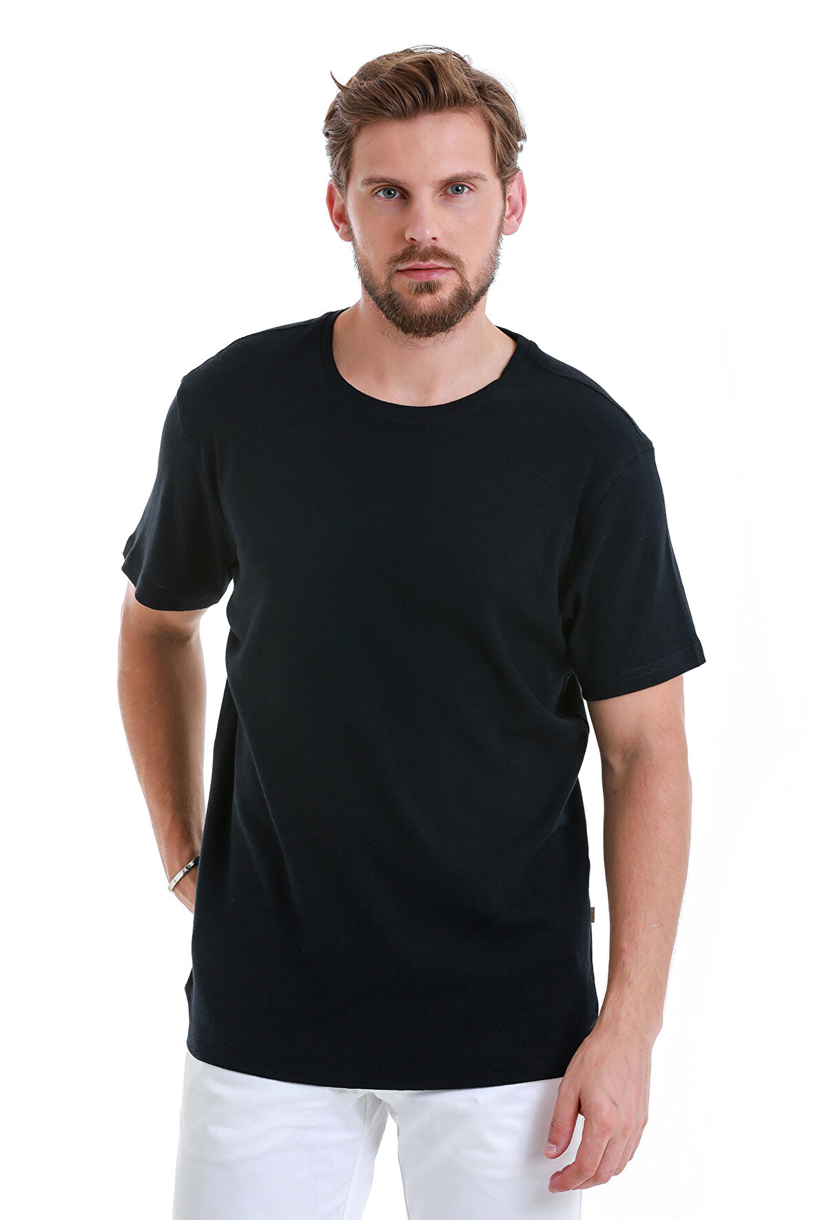 Lacivert Regular Fit Düz Bisiklet Yaka Keten Tişört | L