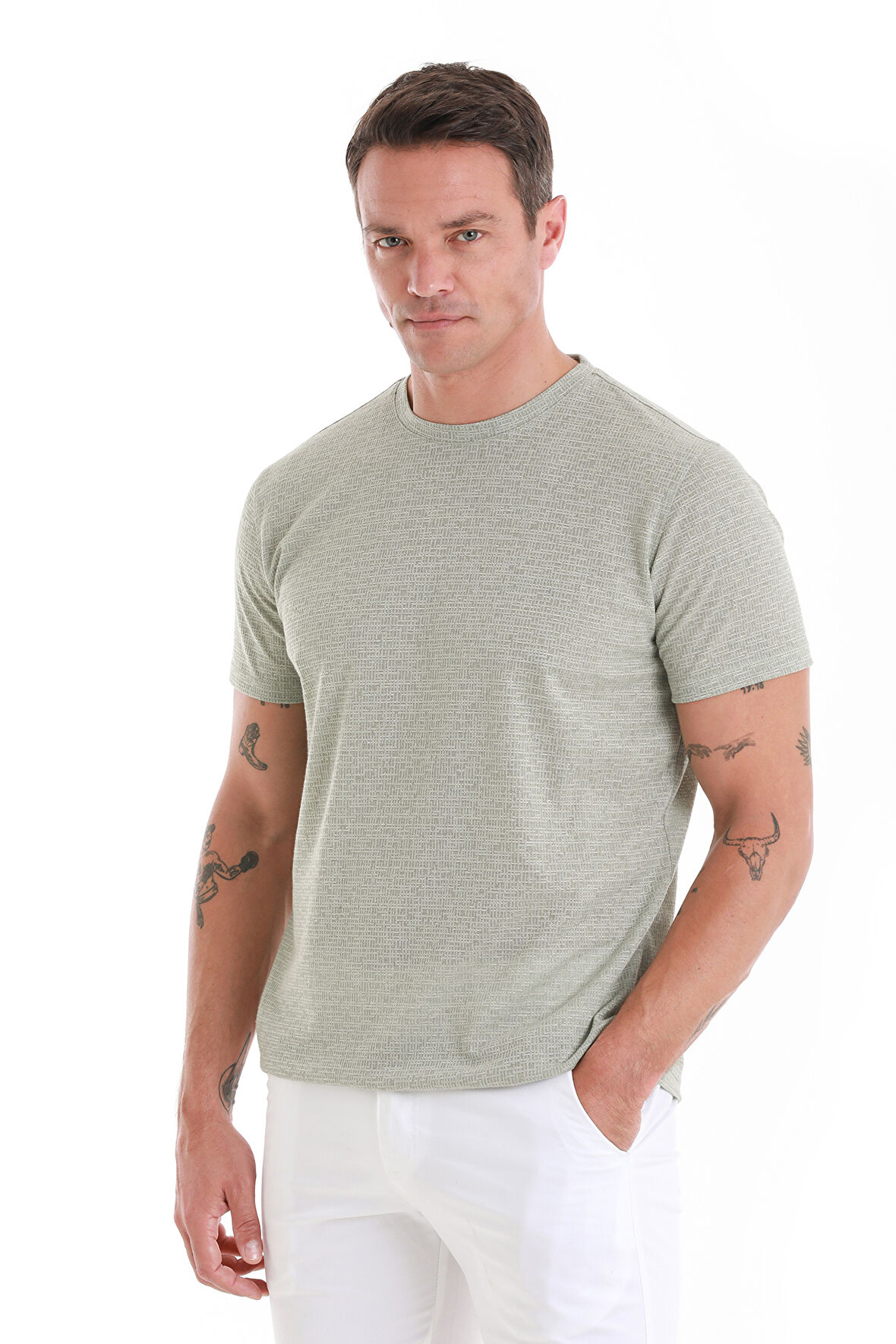 Yeşil Regular Fit Jakarlı Bisiklet Yaka Keten Tişört | XL