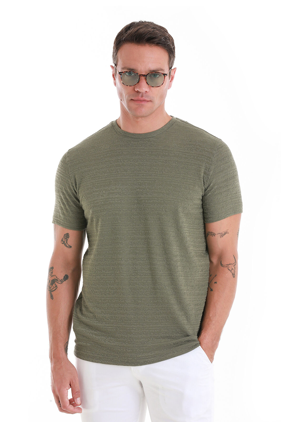 Haki Regular Fit Düz Bisiklet Yaka Tişört | S