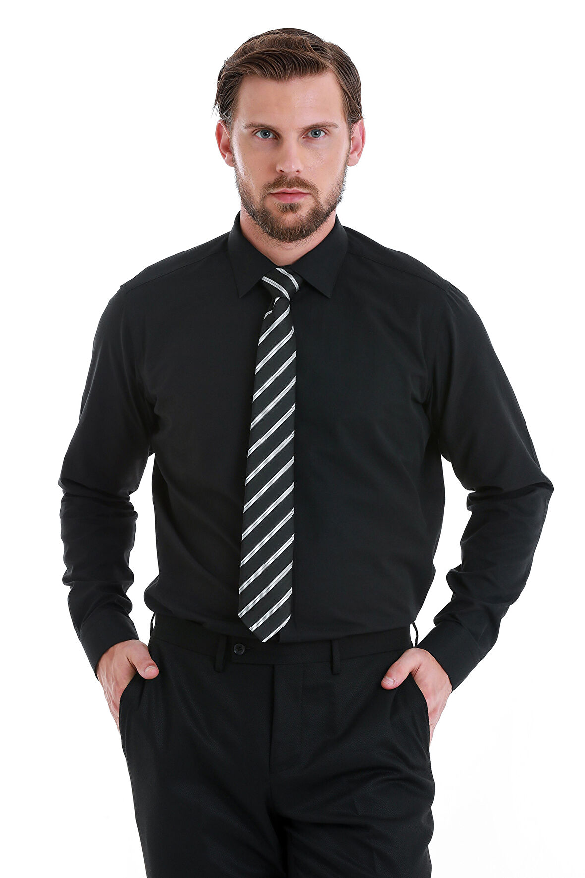 Siyah Slim Fit Desenli Slim Yaka Pamuklu Uzun Kollu Gömlek | M