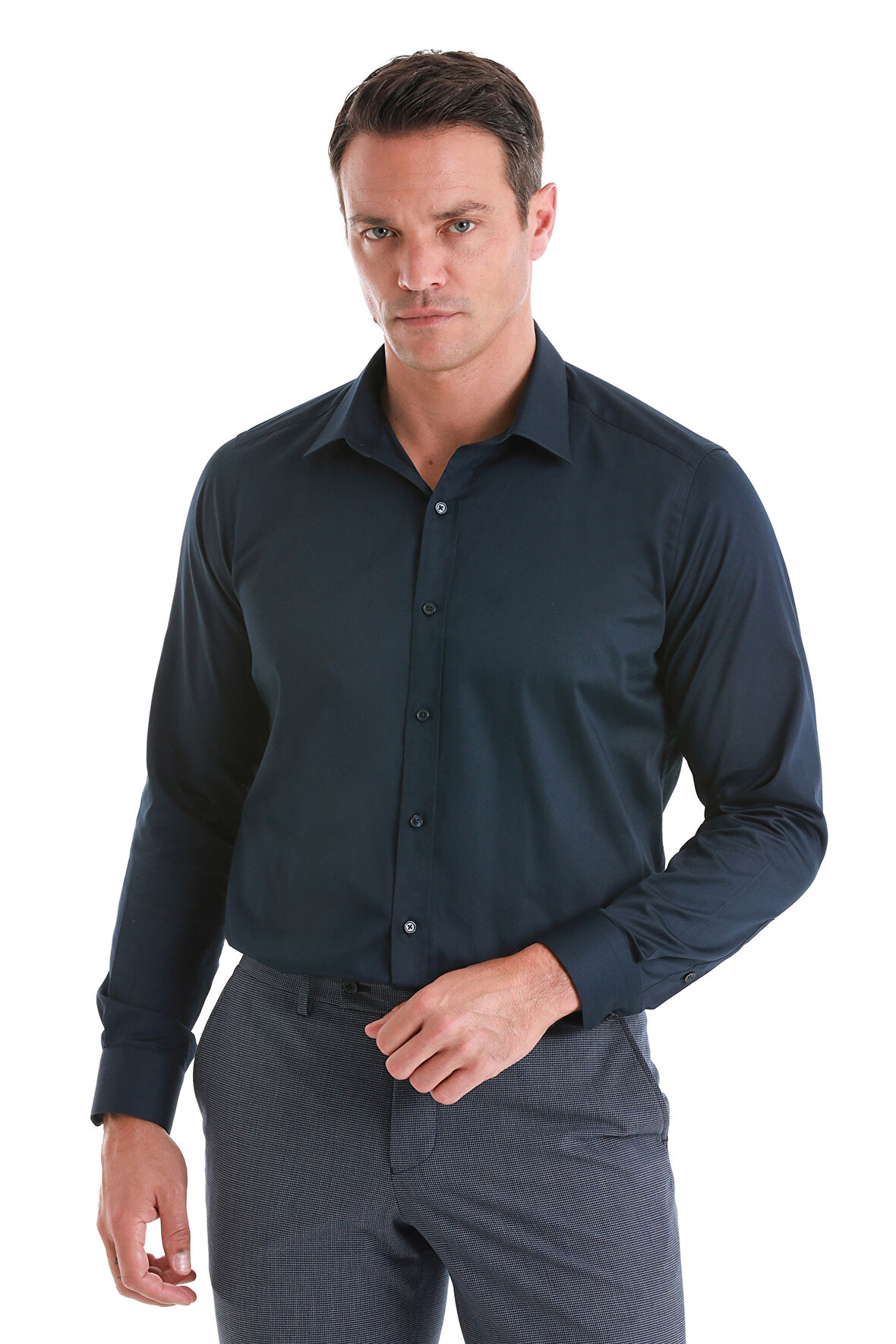 Lacivert Slim Fit Düz 100% Pamuk Slim Yaka Uzun Kollu Saten Gömlek | M