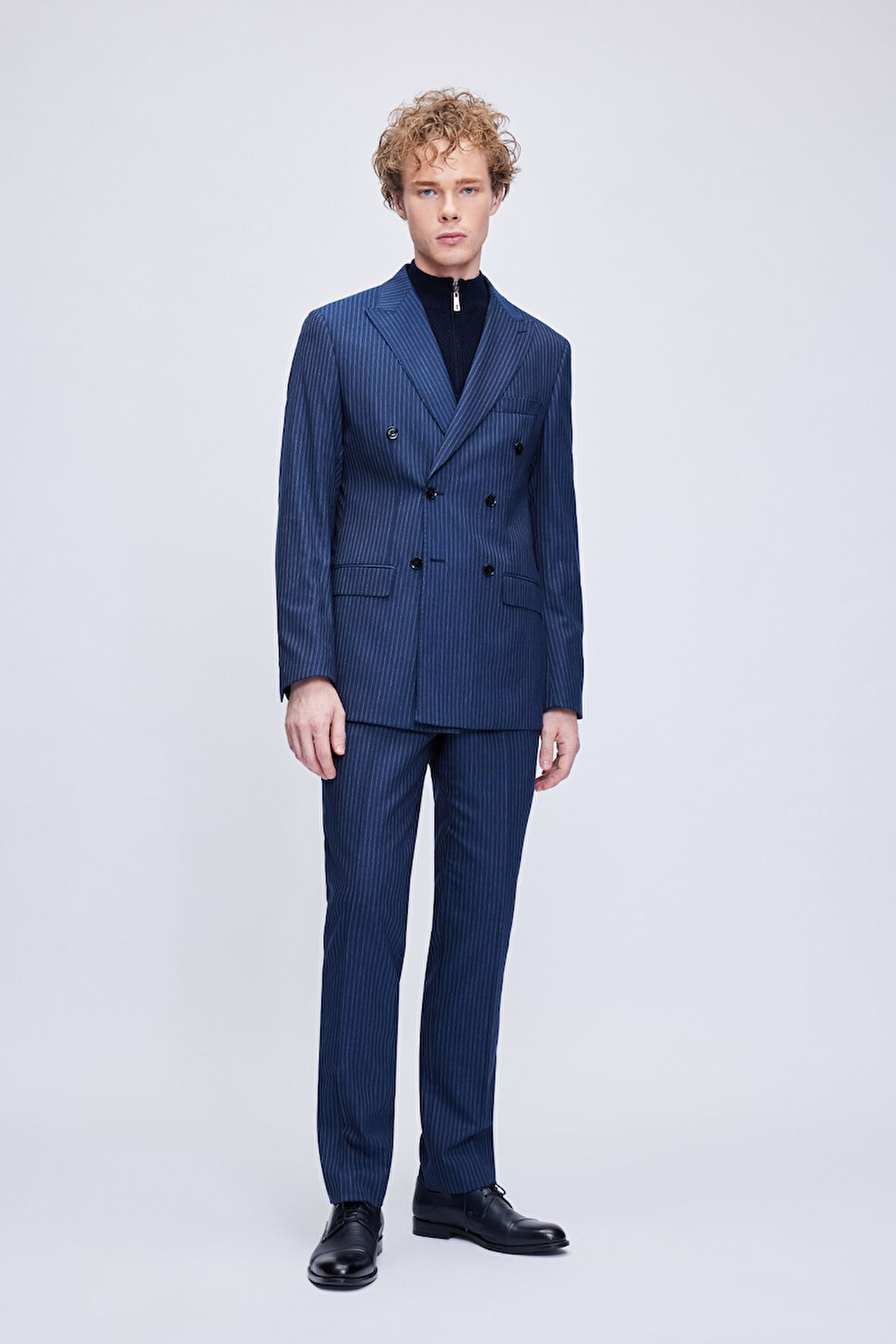 Lacivert Slim Fit Çizgili Kruvaze Takım Elbise | 48