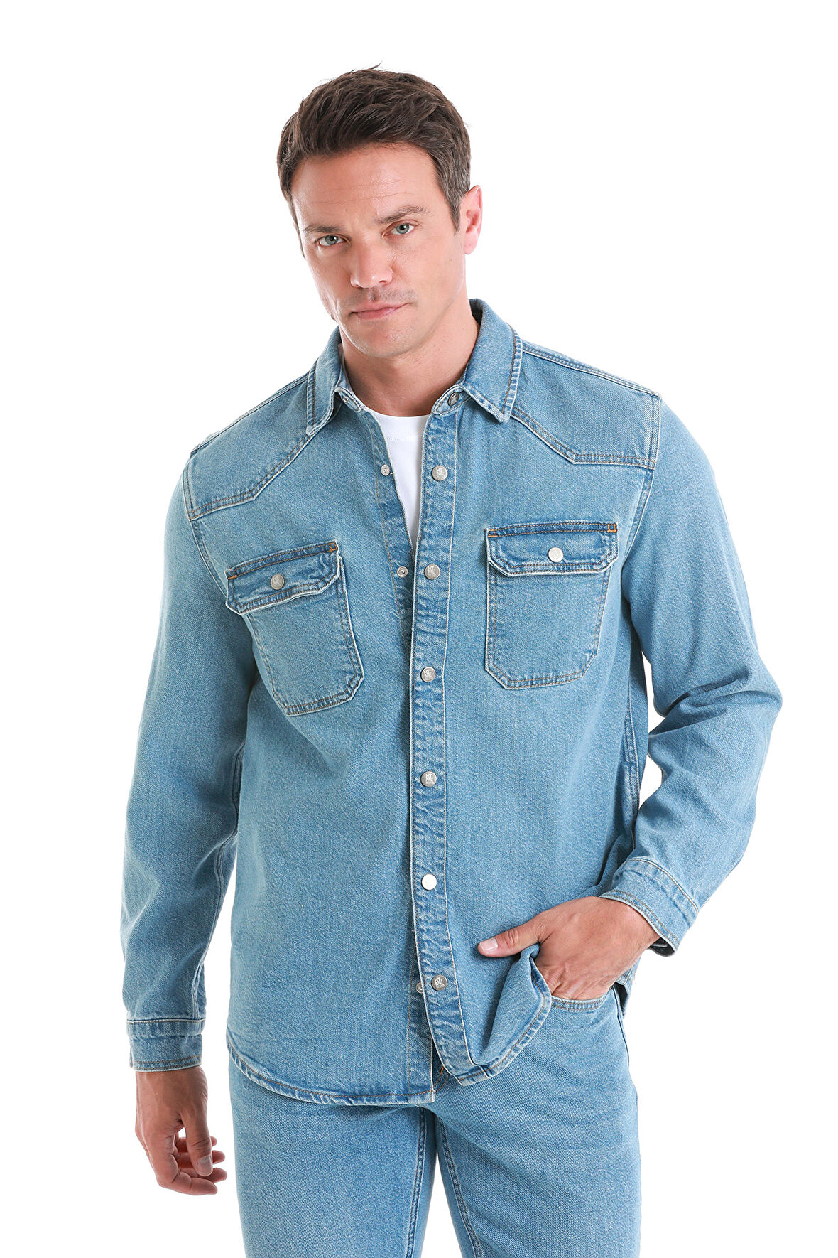 Mavi Comfort Fit Düz 100% Pamuk Slim Yaka Uzun Kollu Kot Gömlek | XL