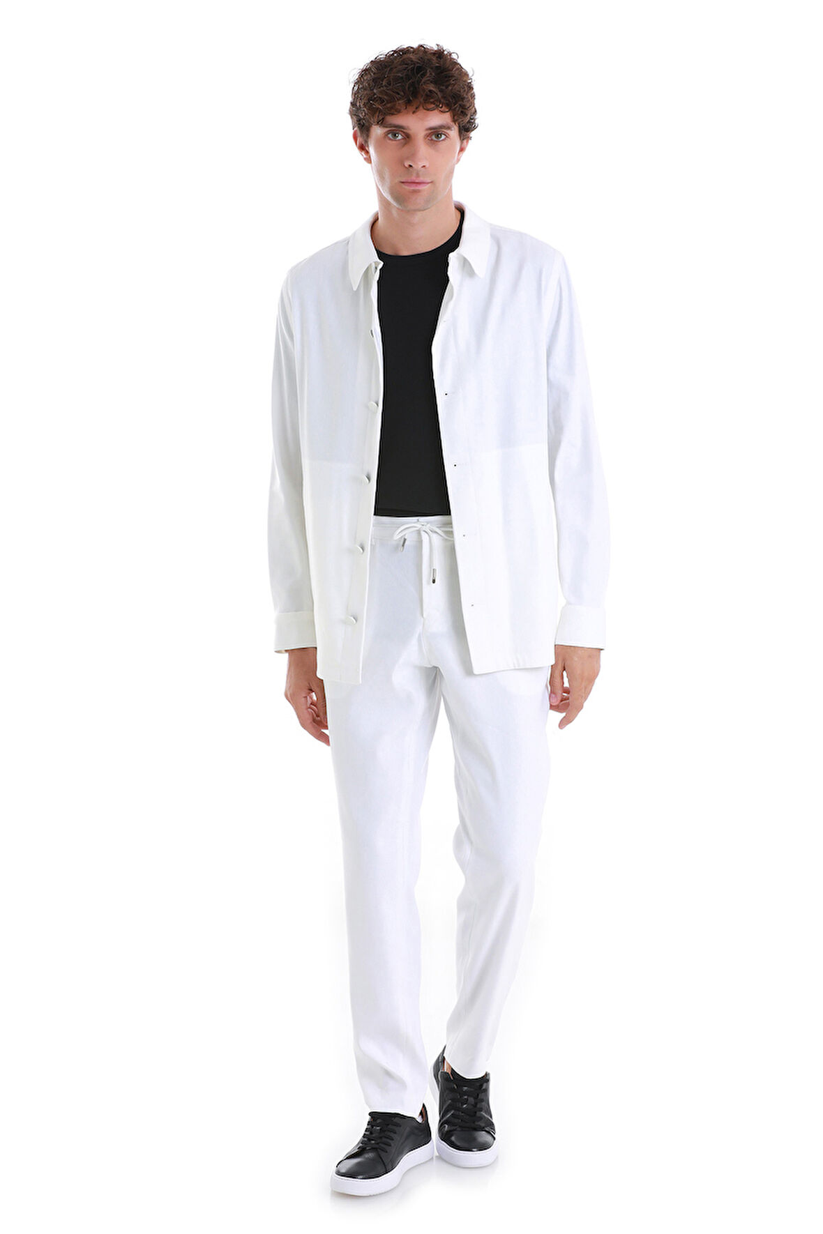 Beyaz Regular Fit Düz Mono Yaka Keten Overshirt Spor Takım | S
