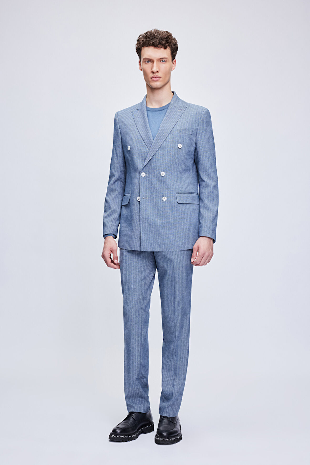 Mavi Slim Fit Çizgili Kruvaze Klasik Takım Elbise | 52