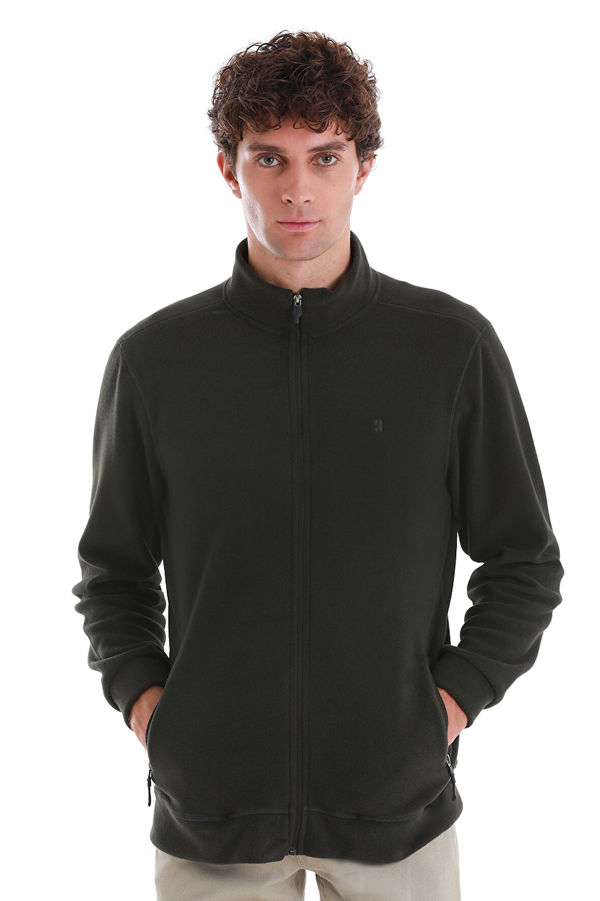 Haki Regular Fit Tam Fermuarlı Polar Sweatshirt | M