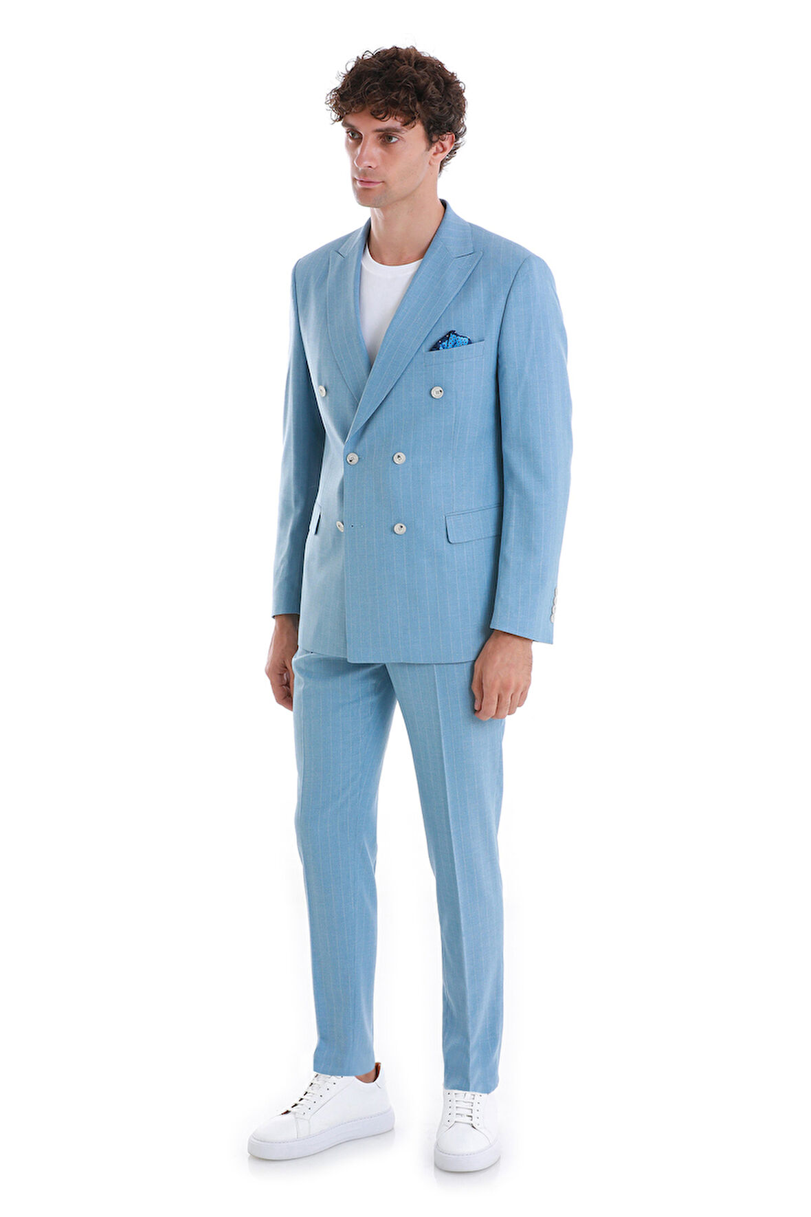 Mavi Slim Fit Çizgili Kruvaze Takım Elbise | 52