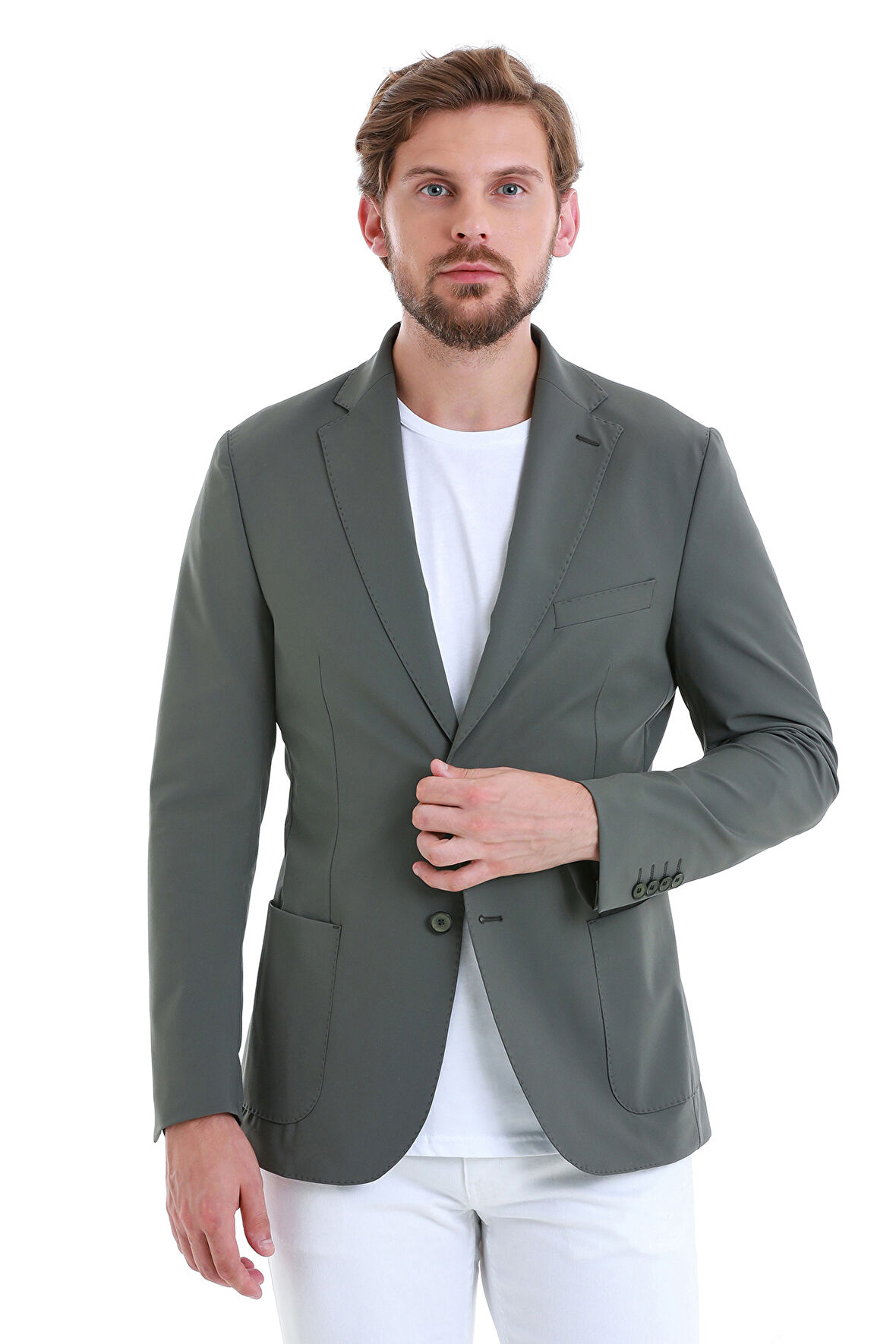 Haki Slim Fit Çizgili Mono Yaka Casual Ceket | 54