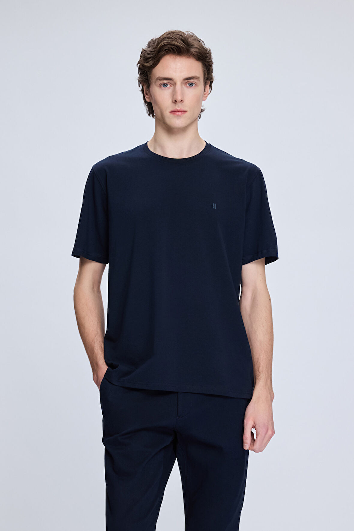 Lacivert Regular Fit Bisiklet Yaka Pamuklu Triko Tişört | M