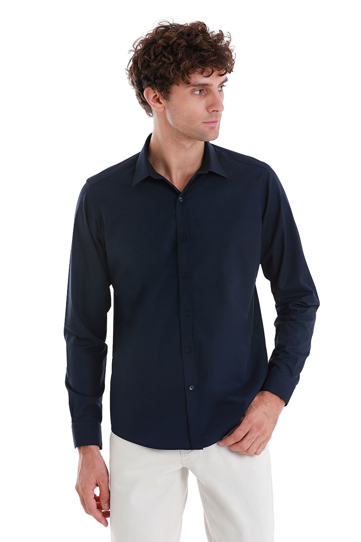 Lacivert Slim Fit Düz Slim Yaka Pamuklu Uzun Kollu Spor Gömlek | M