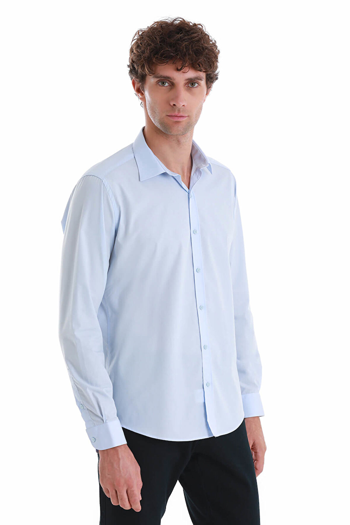 Mavi Slim Fit Düz Slim Yaka Pamuklu Uzun Kollu Spor Gömlek | XS