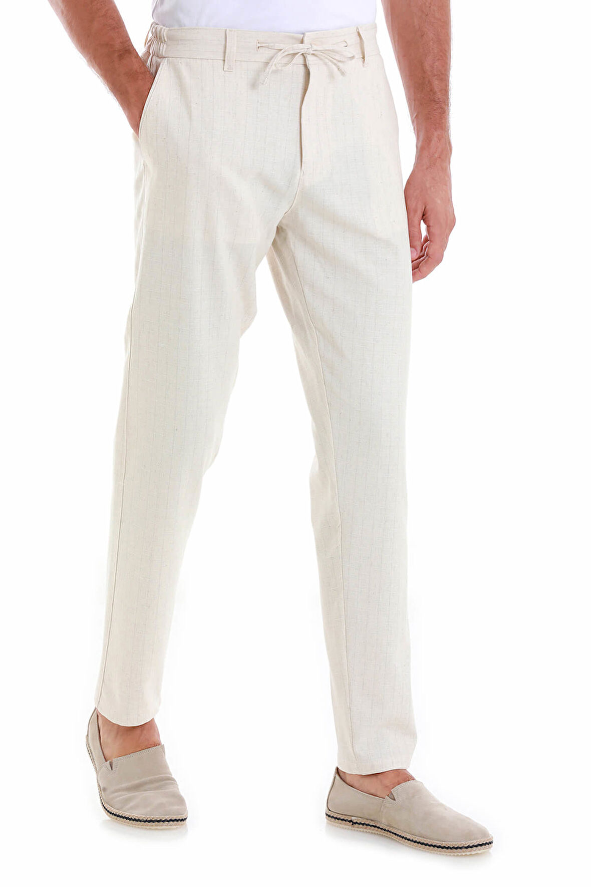 Bej Dinamik Fit Desenli Yandan Cepli Keten Jogger Pantolon | 32