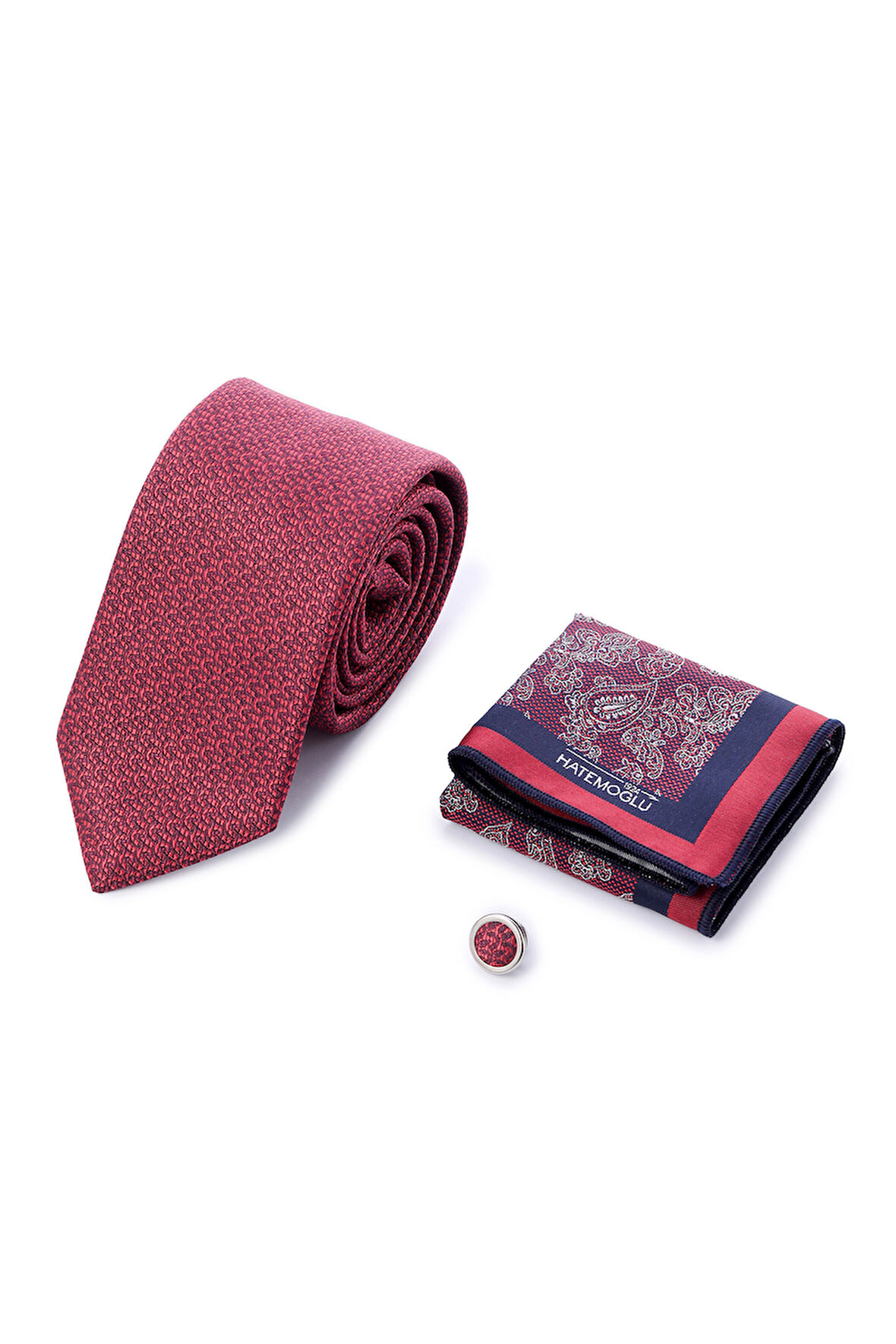 Bordo Kravat Mendil ve Yaka Rozeti 3'lü Set | STD