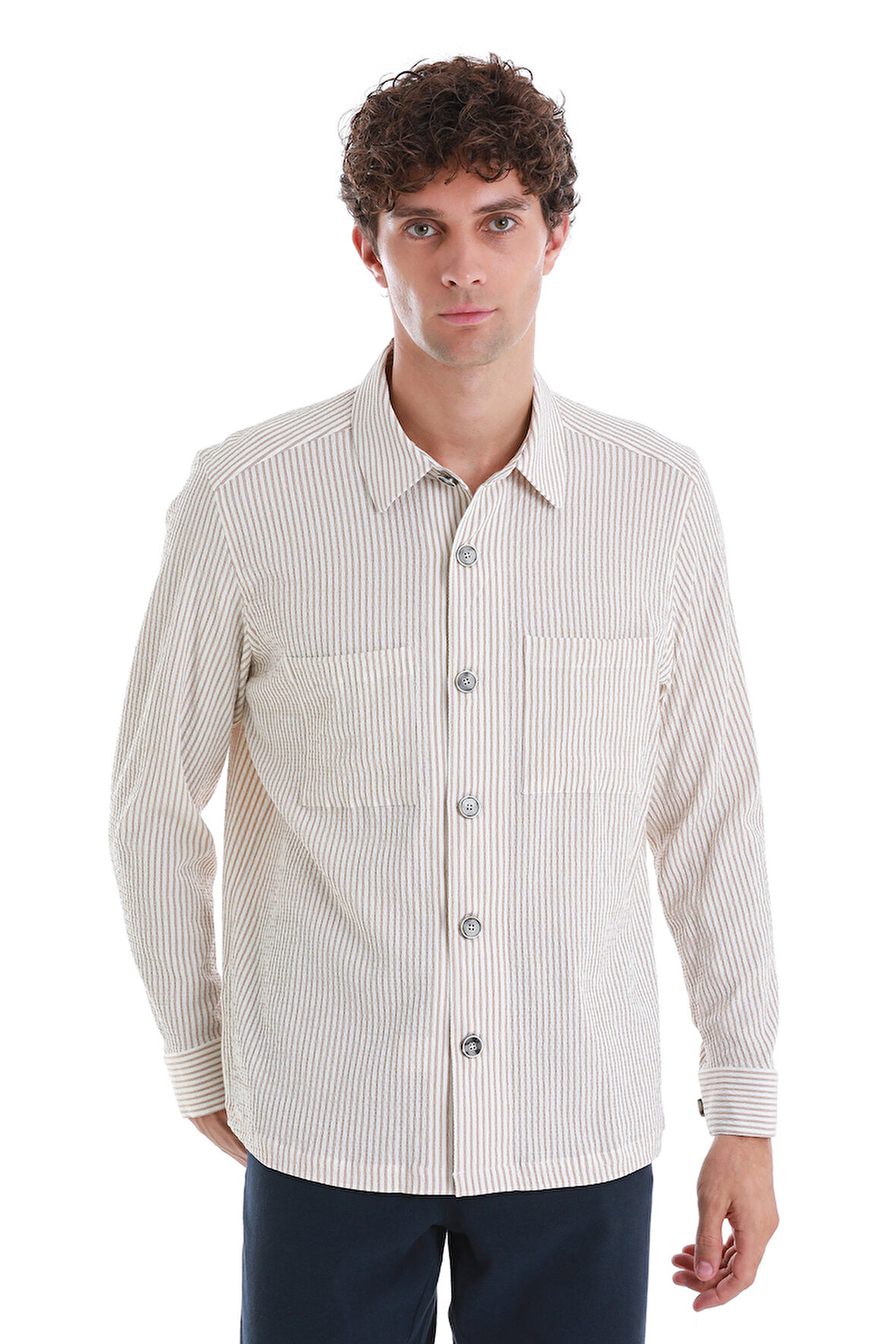 Bej Klasik Fit Çizgili Uzun Kollu Overshirt Gömlek Ceket | XL