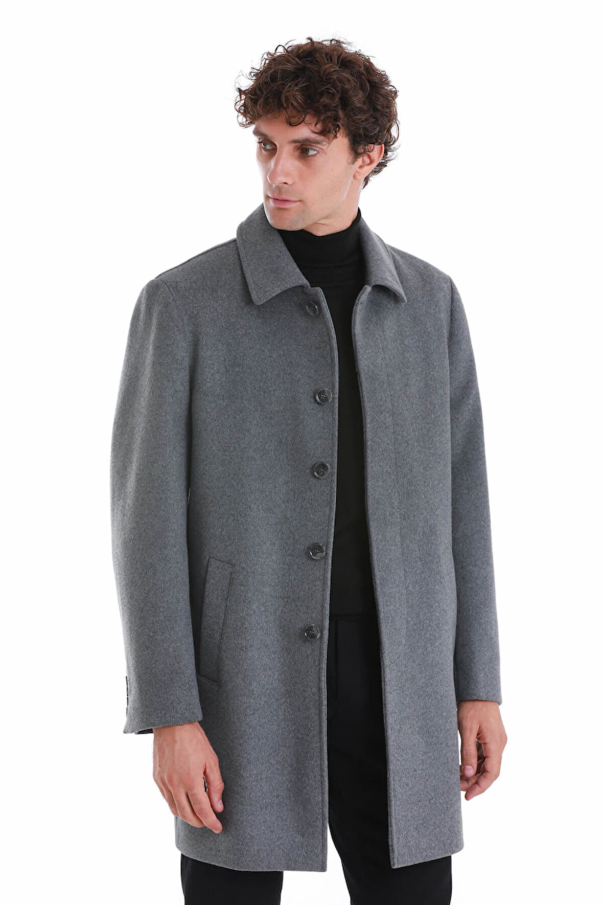 Gri Regular Fit Düz Bebe Yaka Kürklü Kaşe Yünlü Palto | XXL